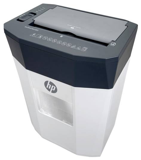 A white and black paper shredder with an HP logo on the front, showing a top-loading slot and icons for various shredding functions.
