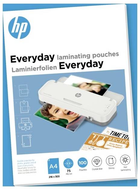 'HP Everyday laminating pouches' package displaying a laminator with glossy photos, icons for A4 size, 75 micron thickness, and 100 pouches.