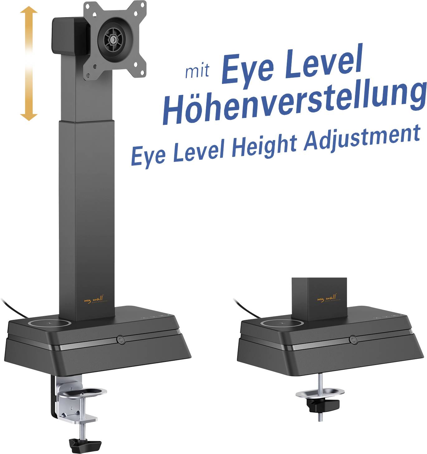 Monitor mount with eye level height adjustment feature. Image shows adjustable arm with vertical range indicator and desk clamp.