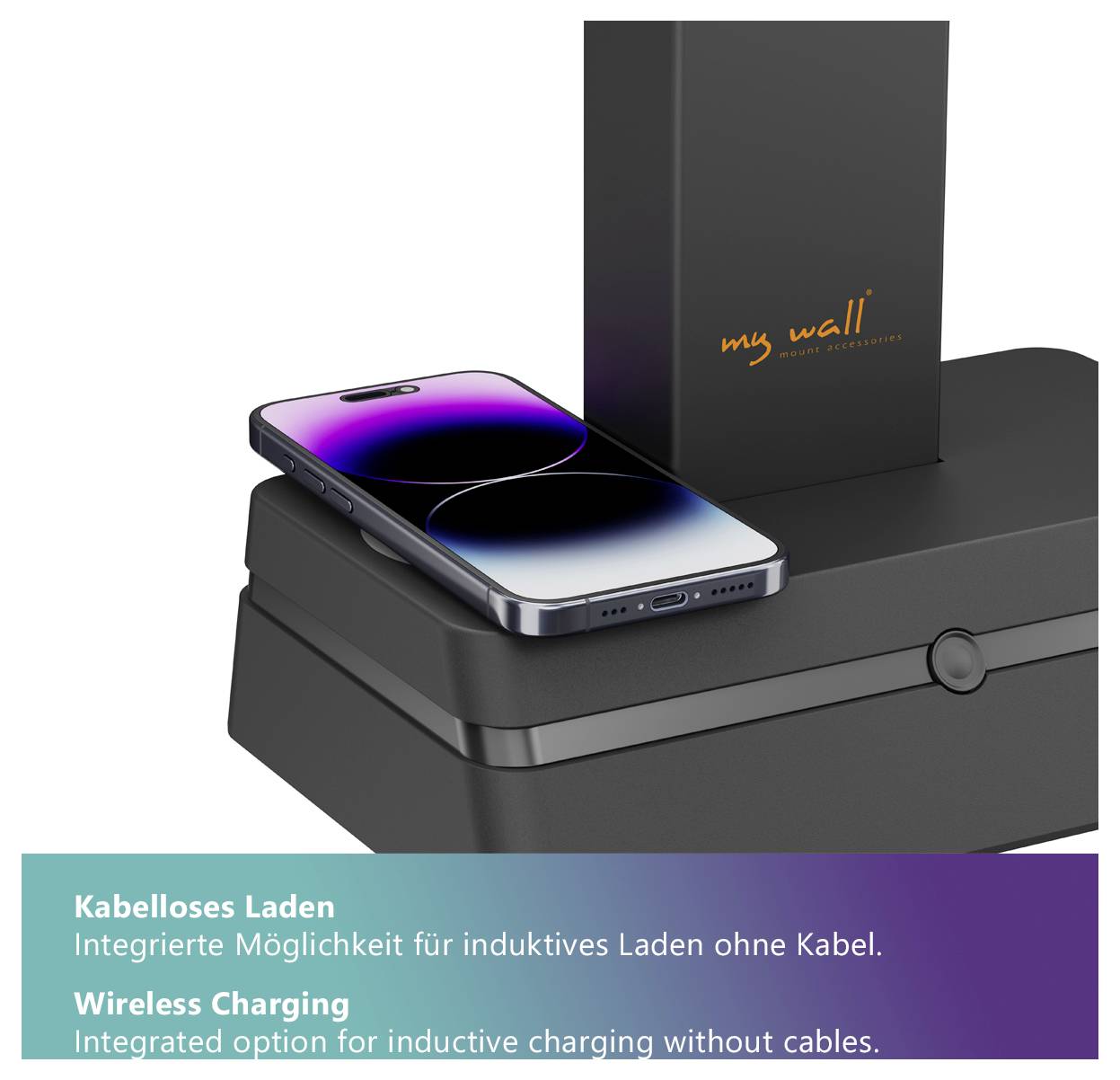 A smartphone rests on a wireless charging box labeled 'my wall', showcasing an inductive charging feature without cables.