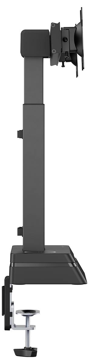 Side view of a black adjustable monitor arm with a clamp for desk mounting.