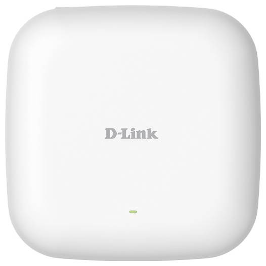 A white, square-shaped D-Link wireless access point with rounded edges and a small green indicator light below the logo.