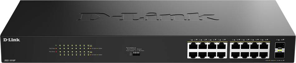 D-Link network switch with 16 Ethernet ports, LED status indicators, and DGS-1016D model number on the front panel.