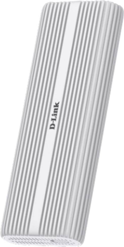 A white, cylindrical device with horizontal gray stripes and the brand name 'D-Link' printed vertically in the center.
