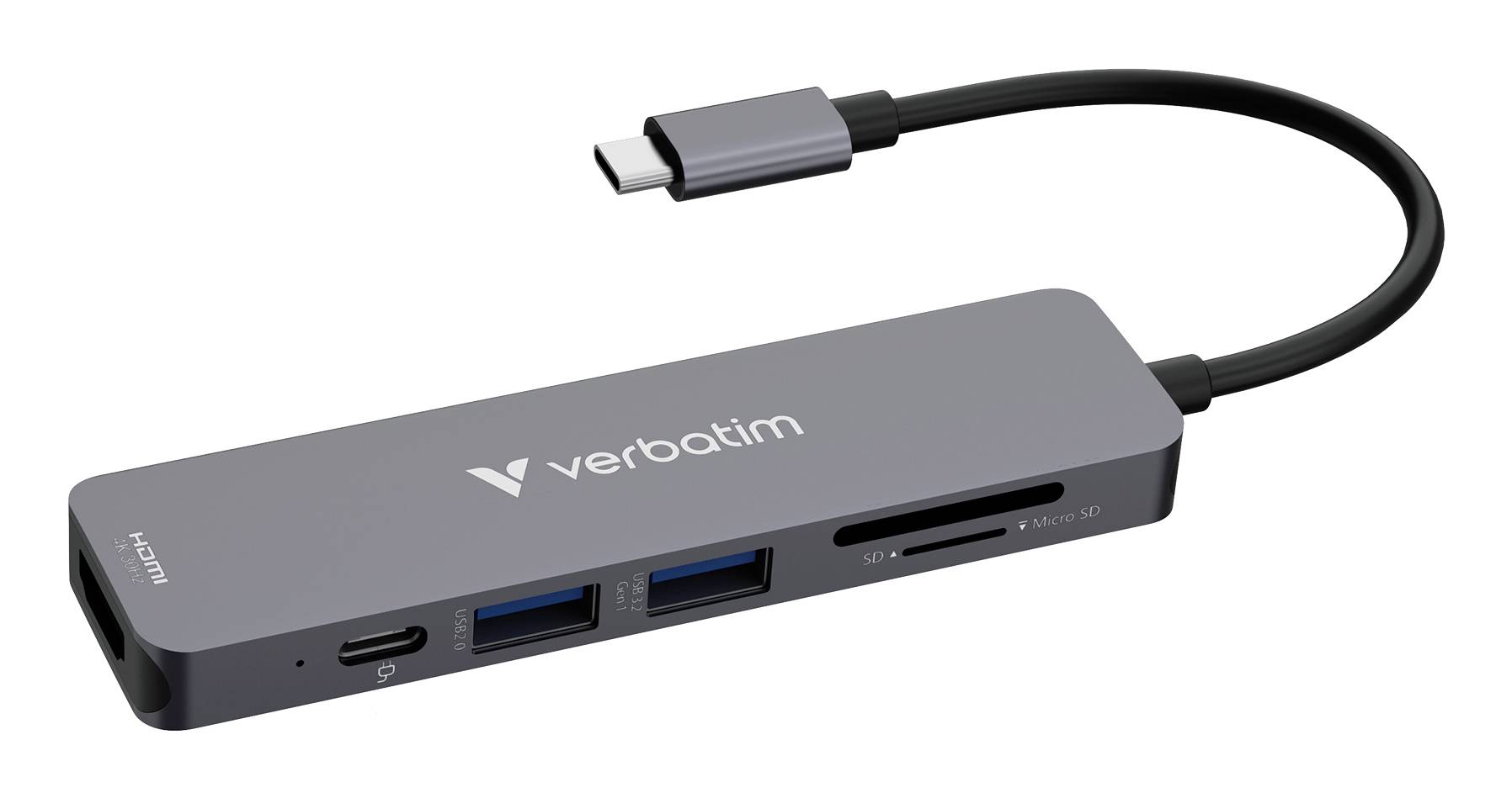 Verbatim USB-C hub with two USB-A ports, SD/microSD slots, and attached USB-C cable.