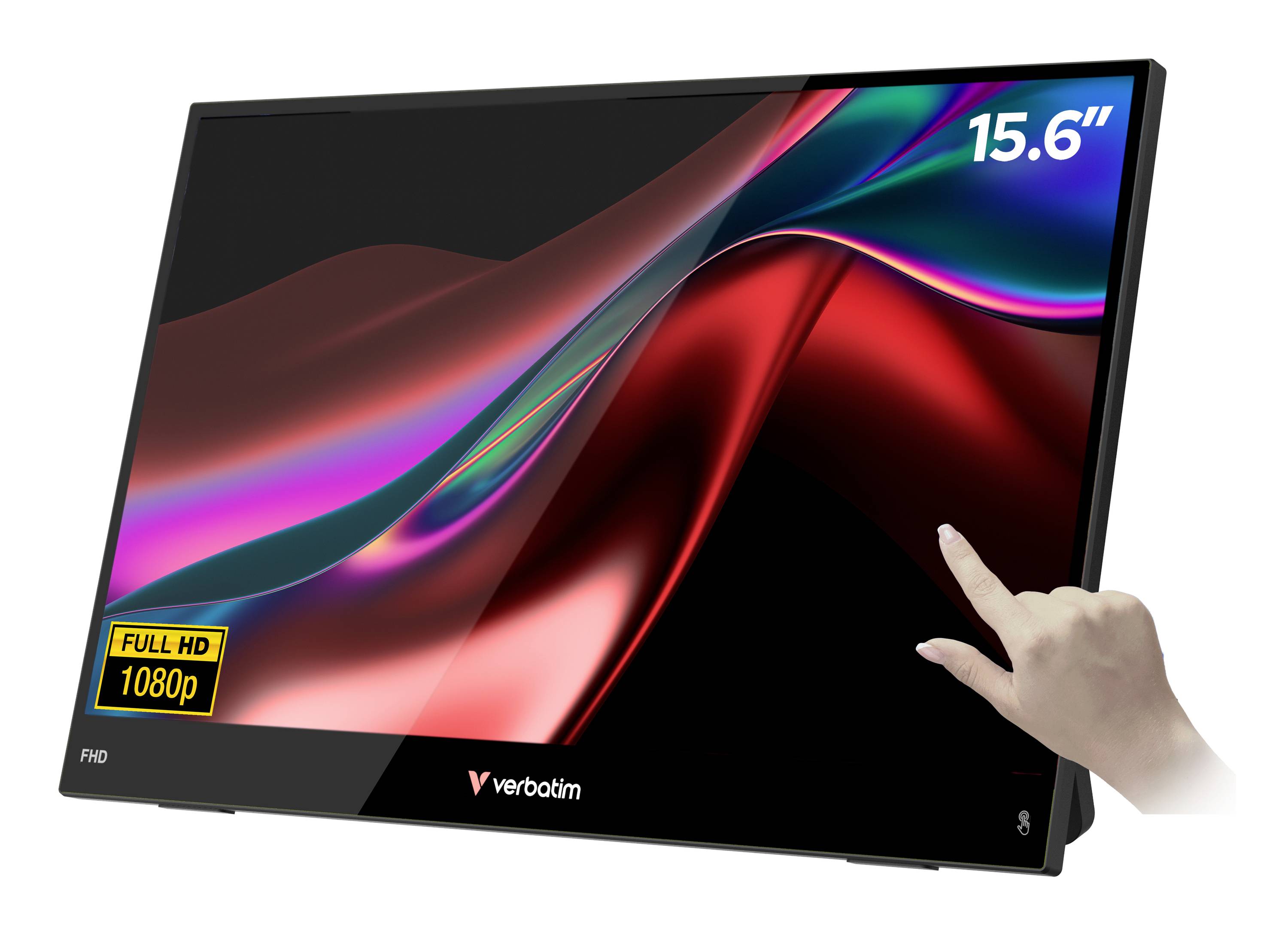 15.6-inch Verbatim Full HD 1080p portable monitor with a hand touching the screen, shown in black with colorful abstract display graphics.