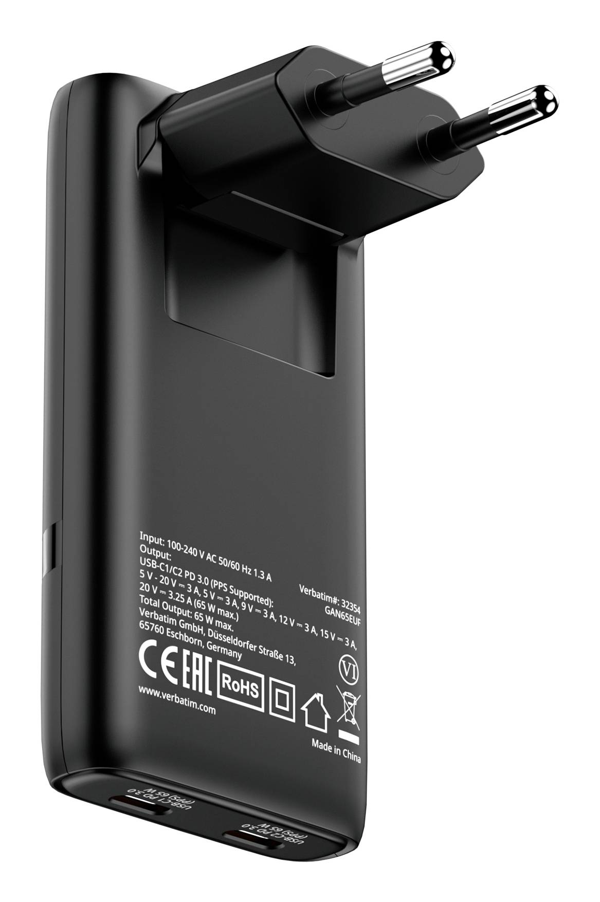 Black European plug-in power adapter shown on a white background, with two round pins and printed electrical specifications on the body.
