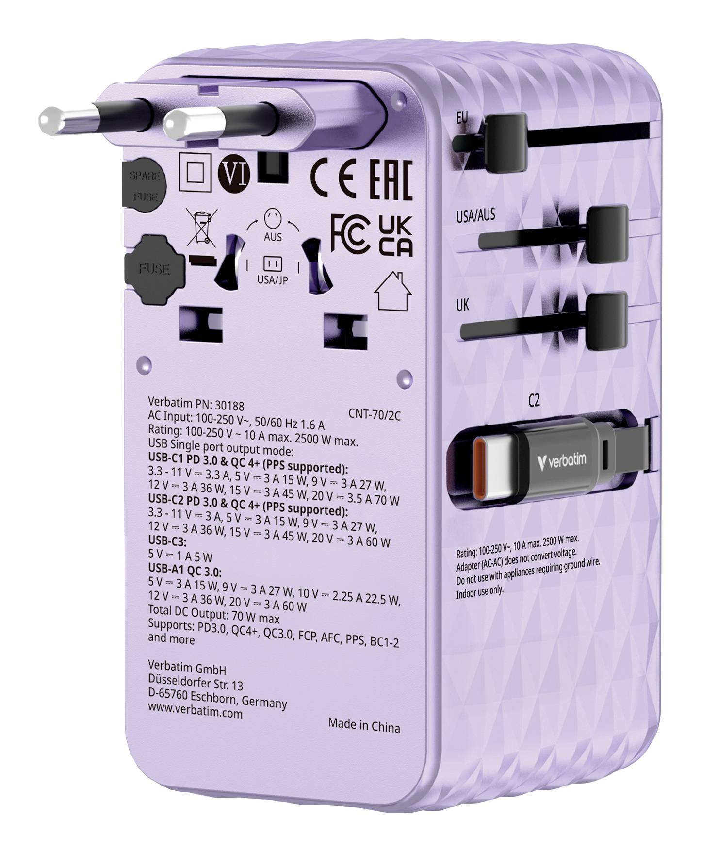 Purple Verbatim universal travel adapter with multiple plug types, USB ports, and printed voltage/plug compatibility labels.