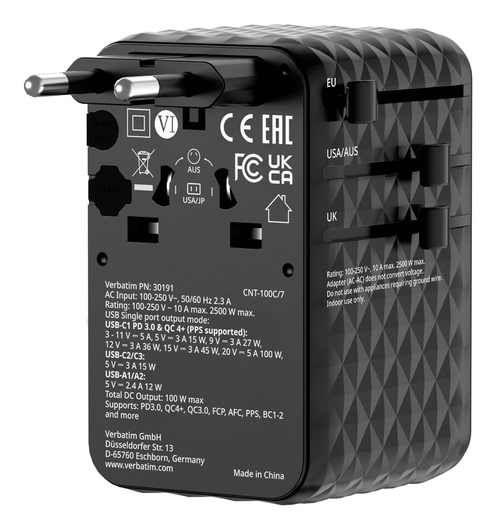 Black Verbatim universal travel adapter with EU, UK, and USA/AUS plugs and printed power ratings on the front.