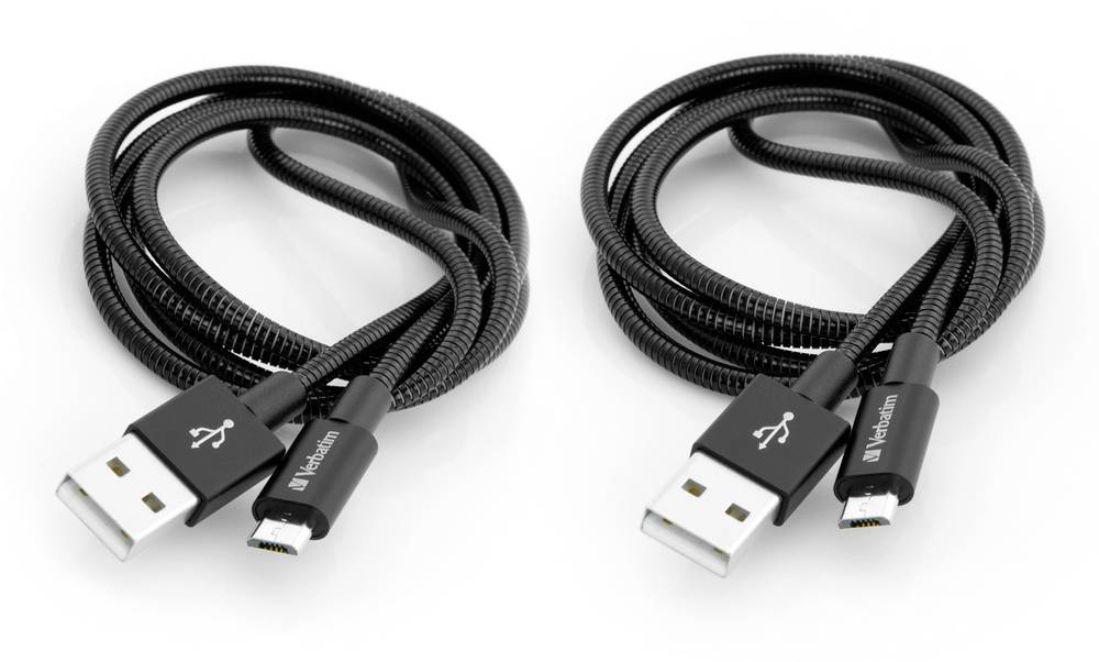 Two black USB cables coiled side by side, each with a USB-A connector and a small device connector, on a white background.