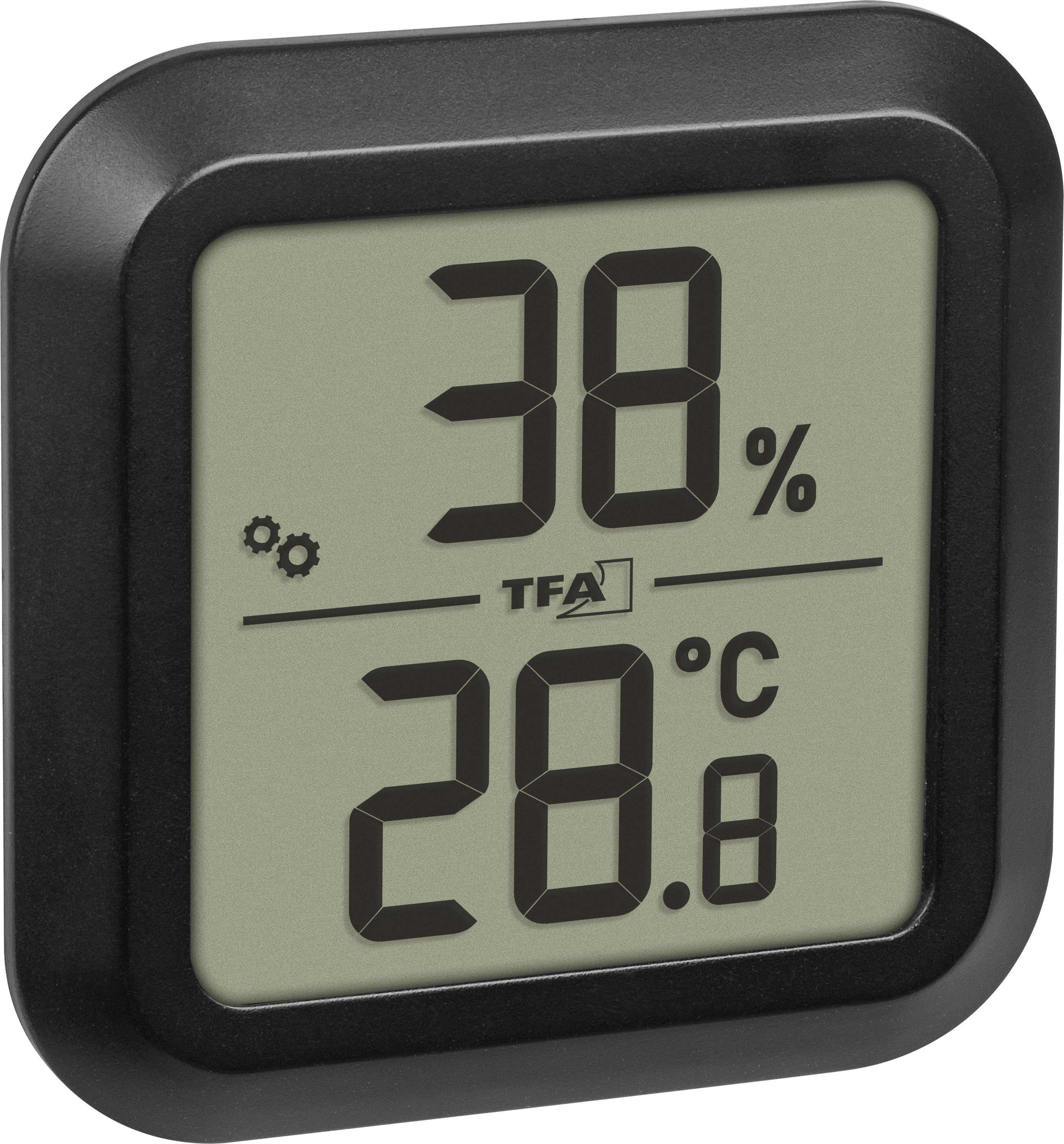 Digital display showing humidity at 38% and temperature at 28.8°C with a simple black frame.