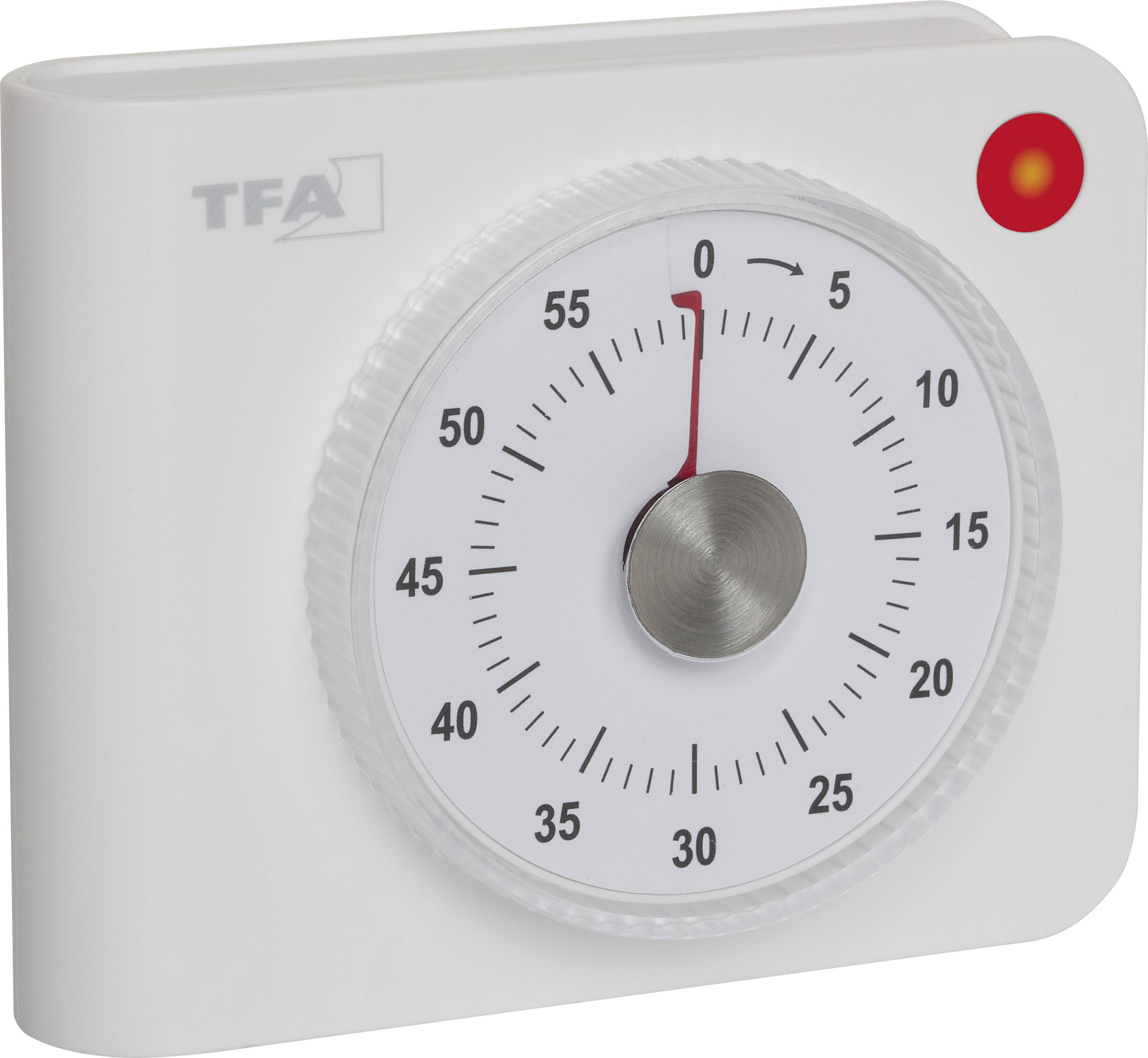 A white mechanical kitchen timer with a circular dial showing 0 to 60 minutes. The red indicator is set at 0, and there's a red light above.