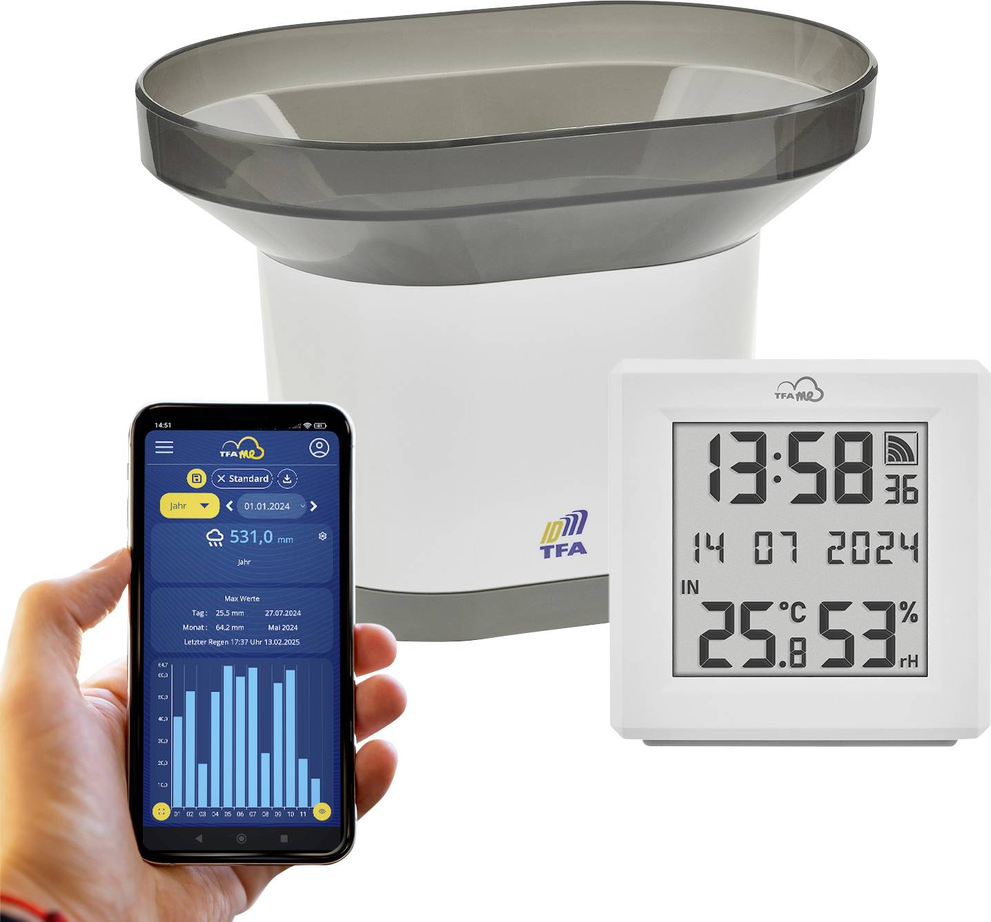 A person holds a smartphone displaying weather data charts next to a digital weather station showing time, date, temperature, and humidity.