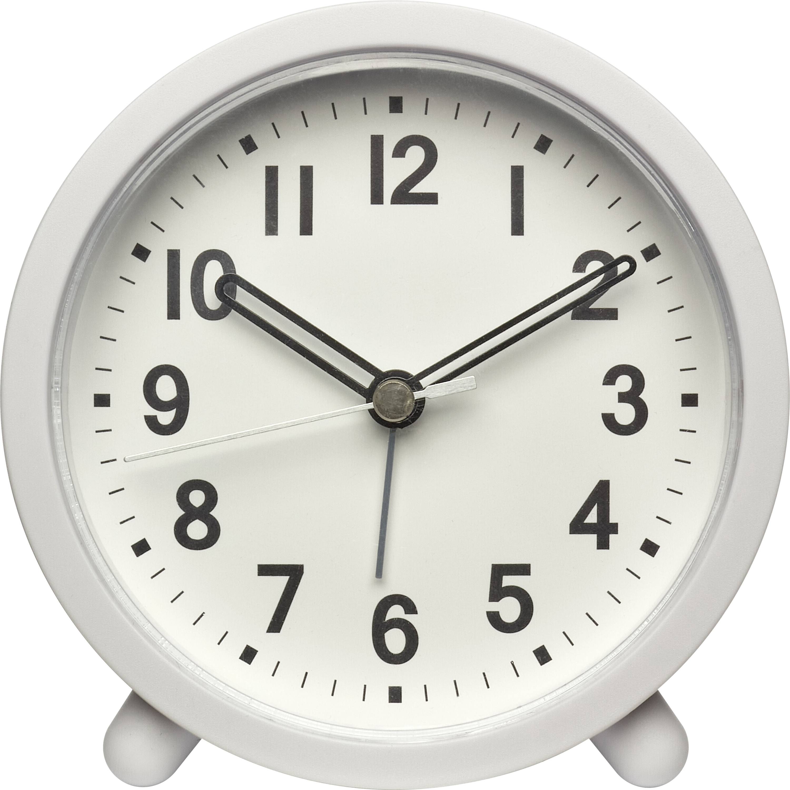 A white analog clock showing the time as 10:11.