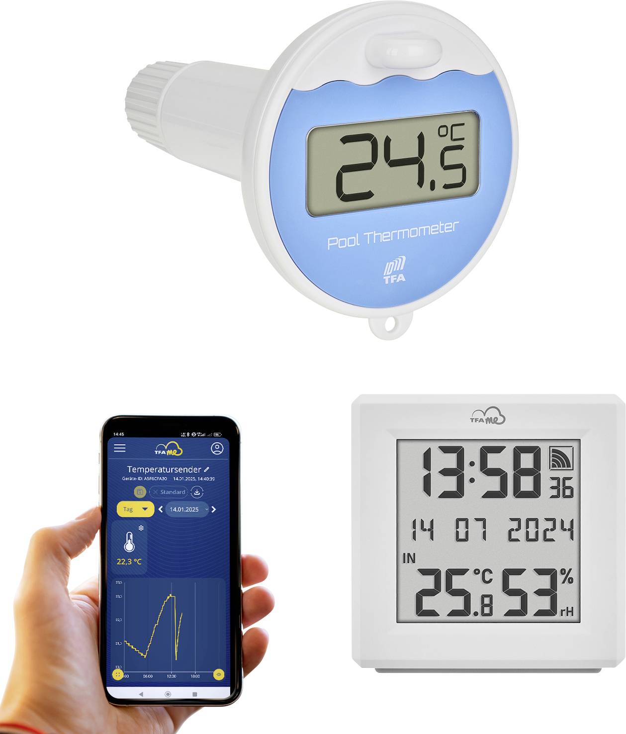 Digital pool thermometer displaying '24°C', smartphone app showing water temperature graph, and wall display unit indicating time, date, air info.
