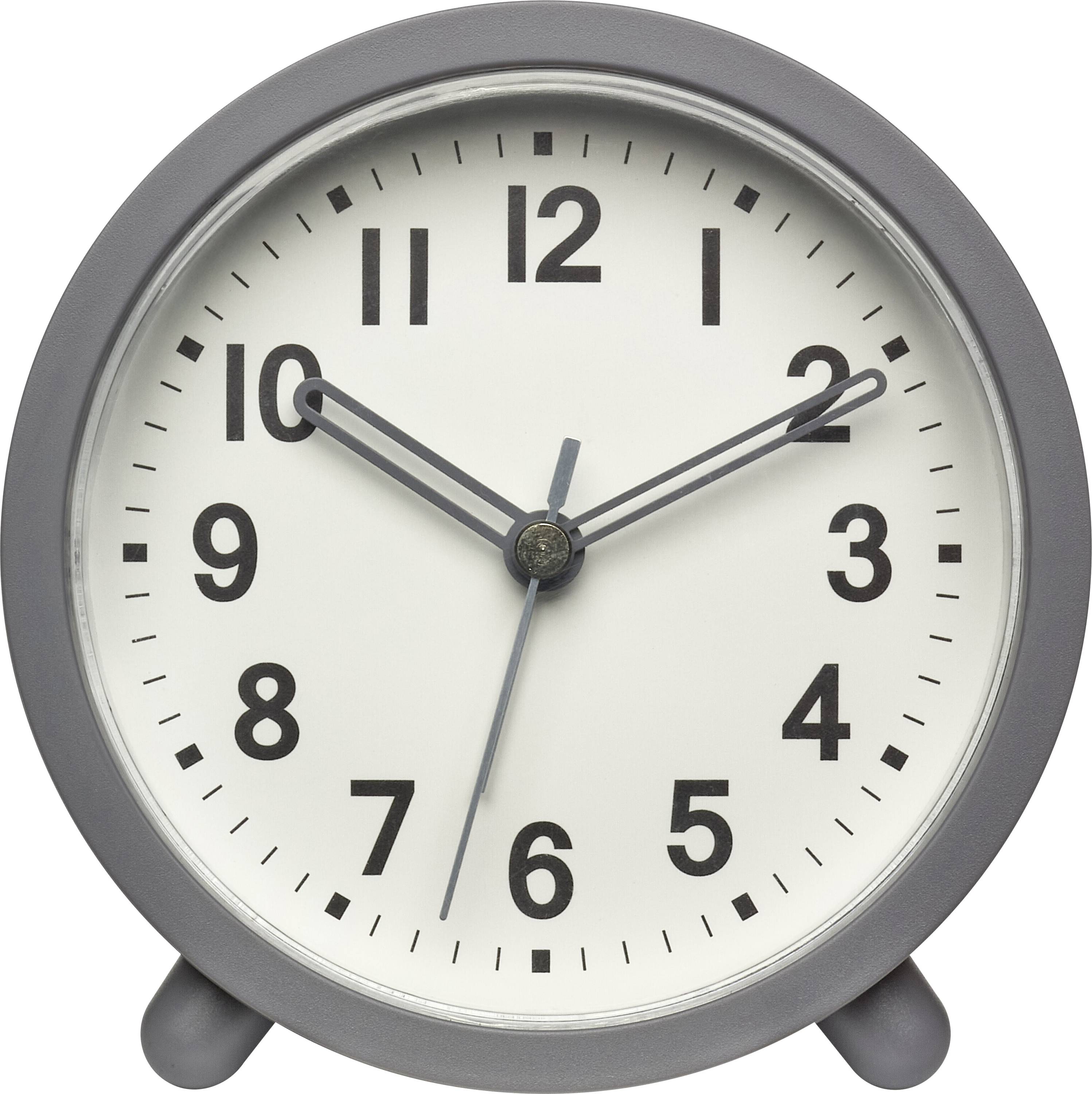 A round, gray analog clock showing the time as 8:20.