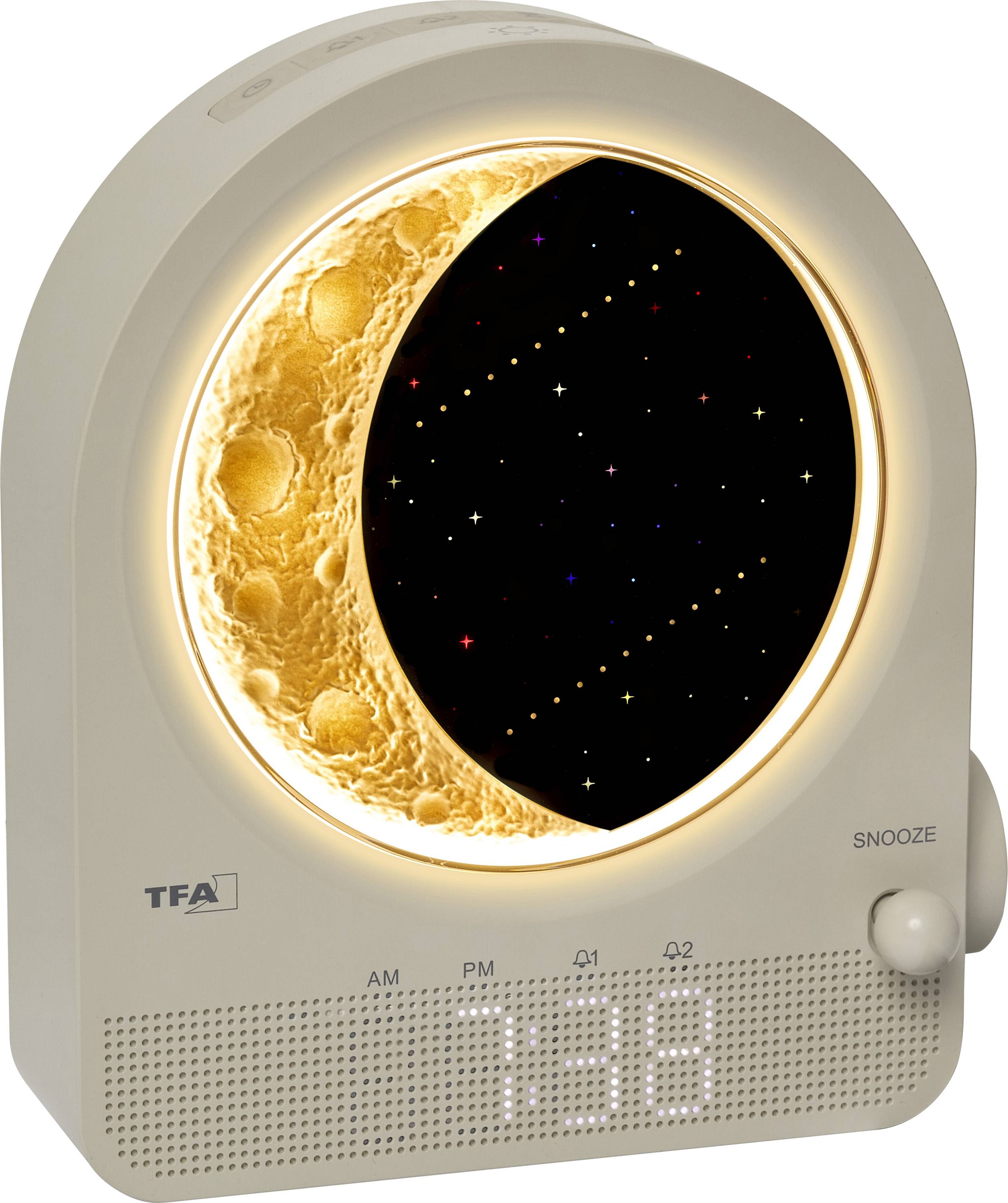 A crescent moon-themed alarm clock with a digital display showing 7:38. The clock's light creates a glowing moon effect.