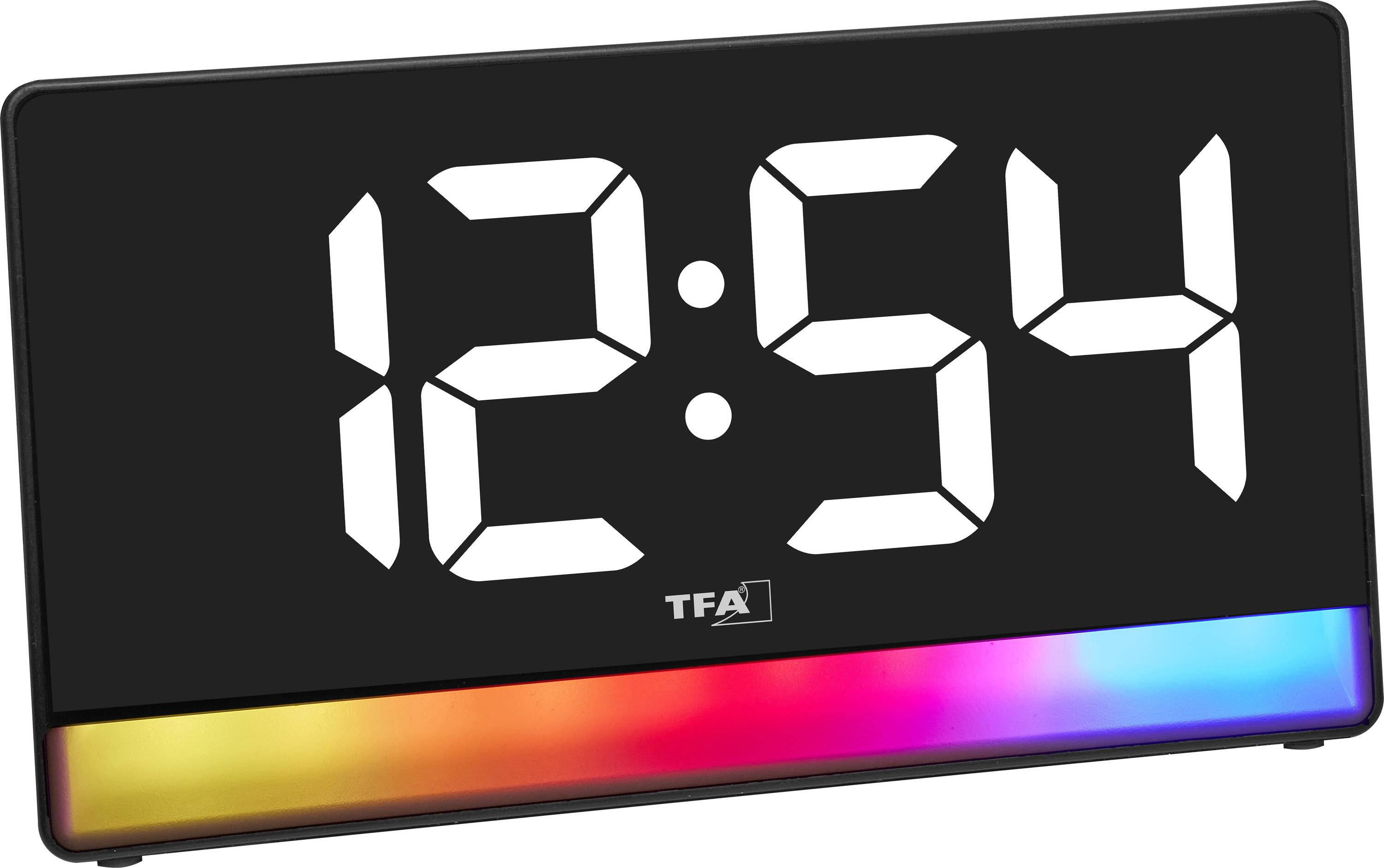 Digital clock displaying '12:54' with a color-changing LED base, showing a gradient of red, orange, pink, and blue hues.