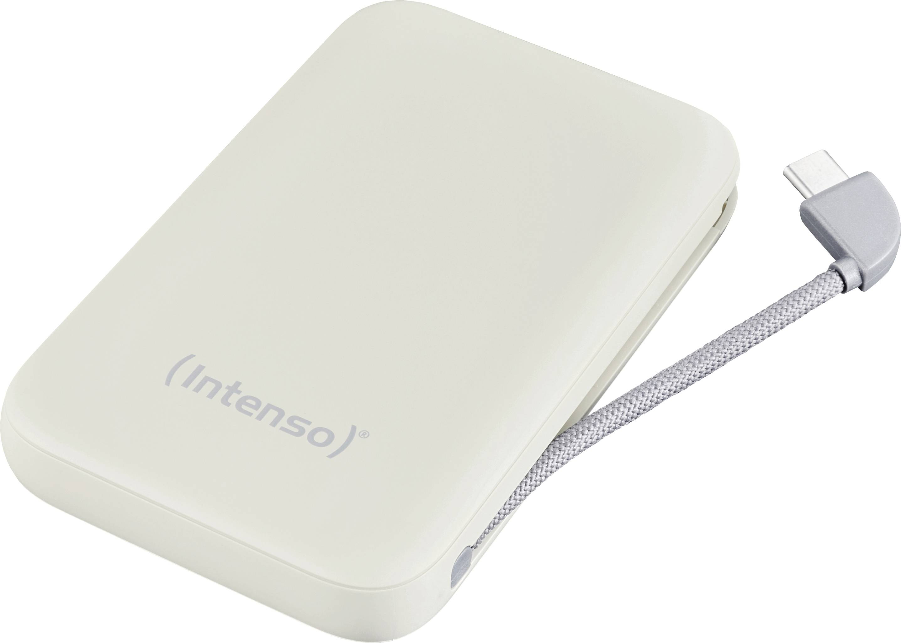 A white, compact external hard drive with a short USB-C cable attached, suitable for portable data storage solutions.