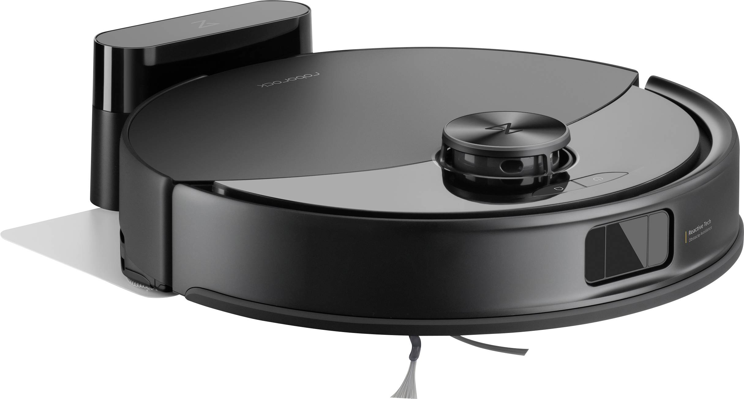 A black robotic vacuum on a white background, featuring a circular design, sensors, and a charging dock, indicating it's ready for cleaning.