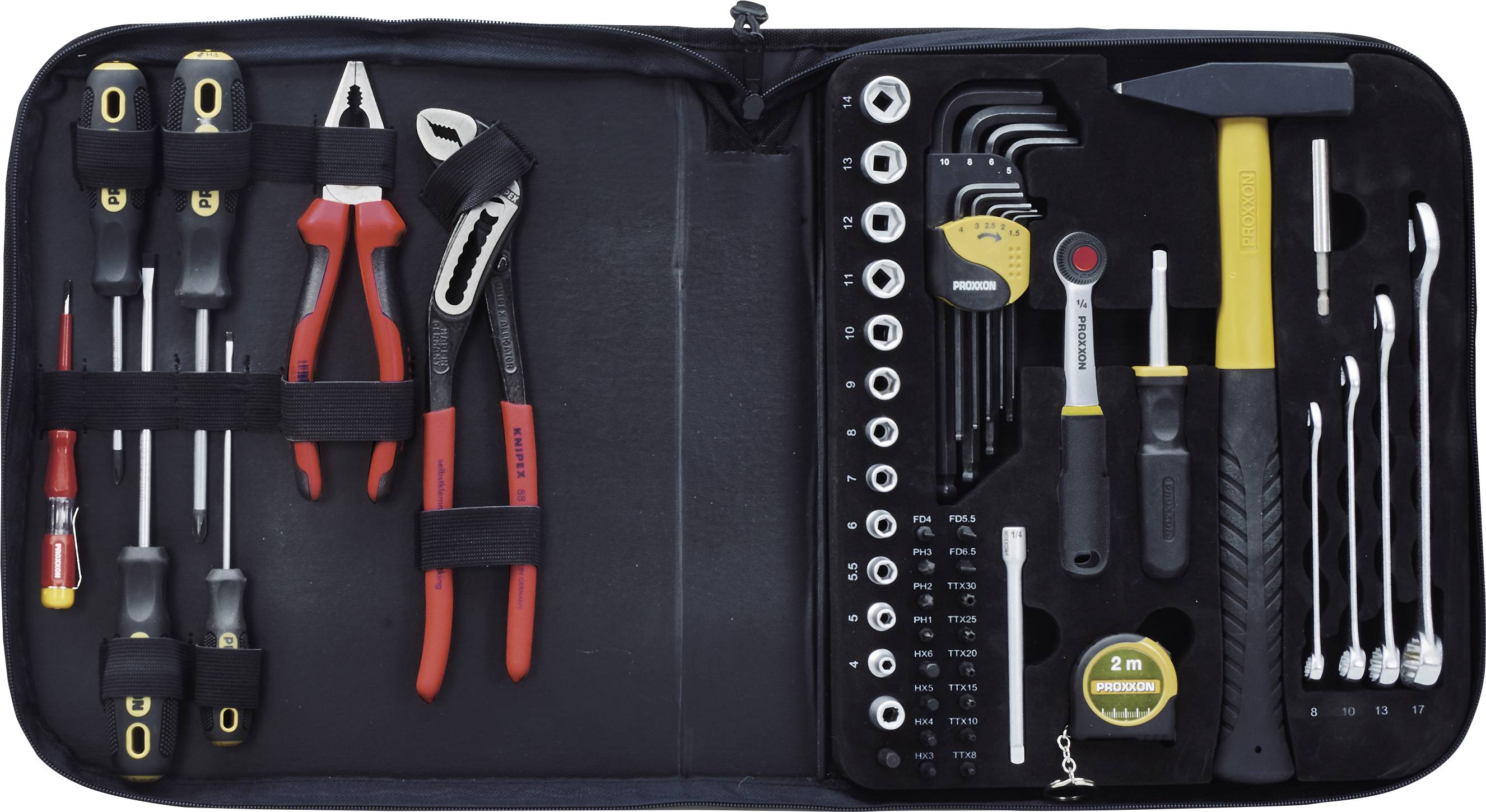 A toolkit with various hand tools, including pliers, screwdrivers, wrenches, and a measuring tape, neatly organized in a black case.