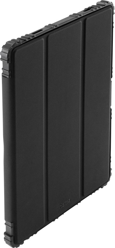 Thin, black rugged tablet case with reinforced corners, standing vertically, designed for durability and protection.