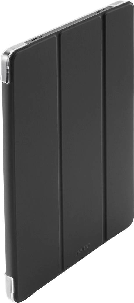 A black tablet cover with a foldable design is shown standing upright, highlighting its protective and sleek exterior.