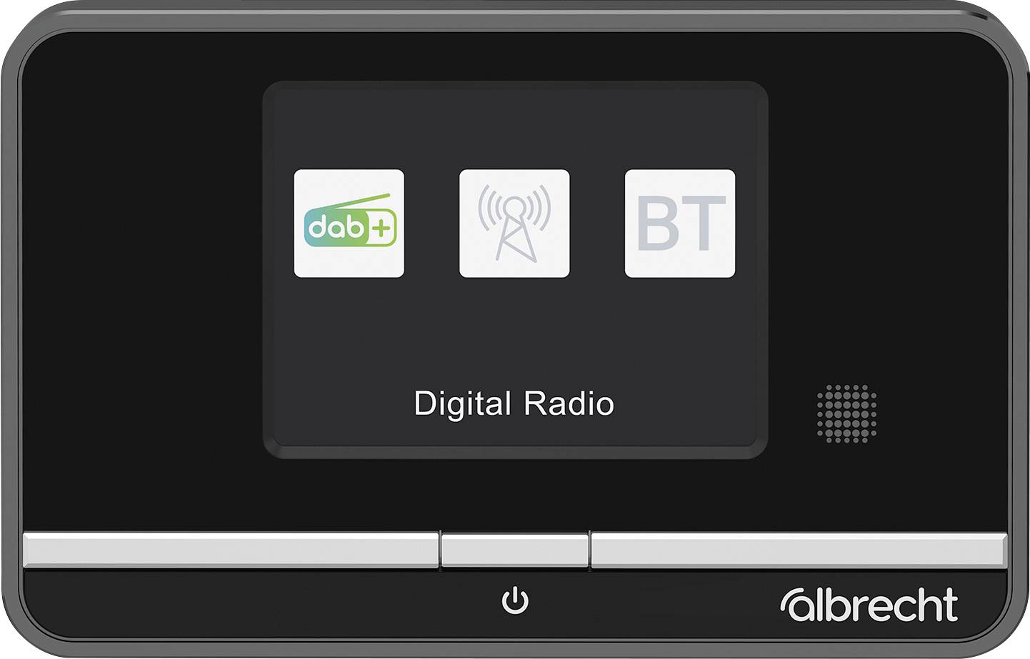 A digital radio device displays icons for 'dab+', a radio antenna, and 'BT' on its screen, with 'Digital Radio' written below.