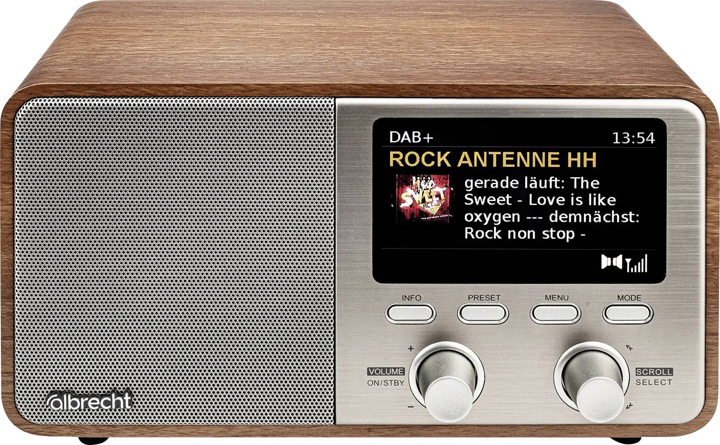 A vintage-style digital radio with wood casing, displaying a screen that shows 'ROCK ANTENNE HH' and playing 'The Sweet - Love is like oxygen.'