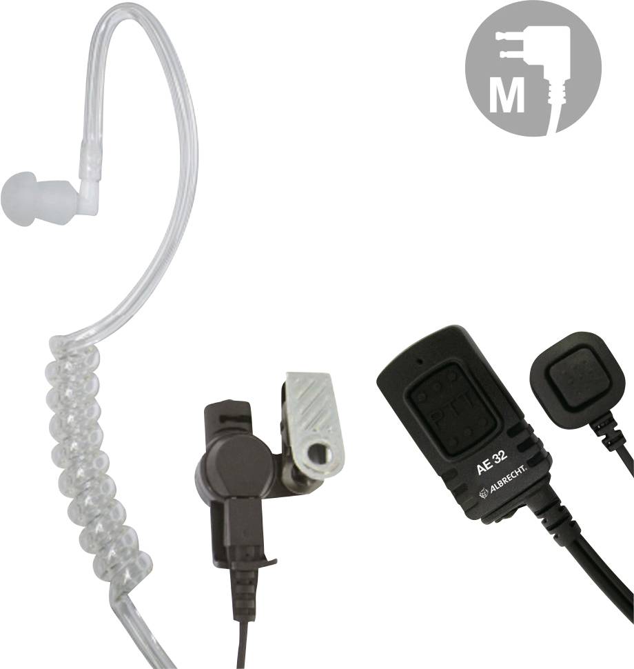Ae 32 Acoustic Tube Earpiece for radios, featuring a coiled tube, clip, and connector. Suitable for discreet communication.