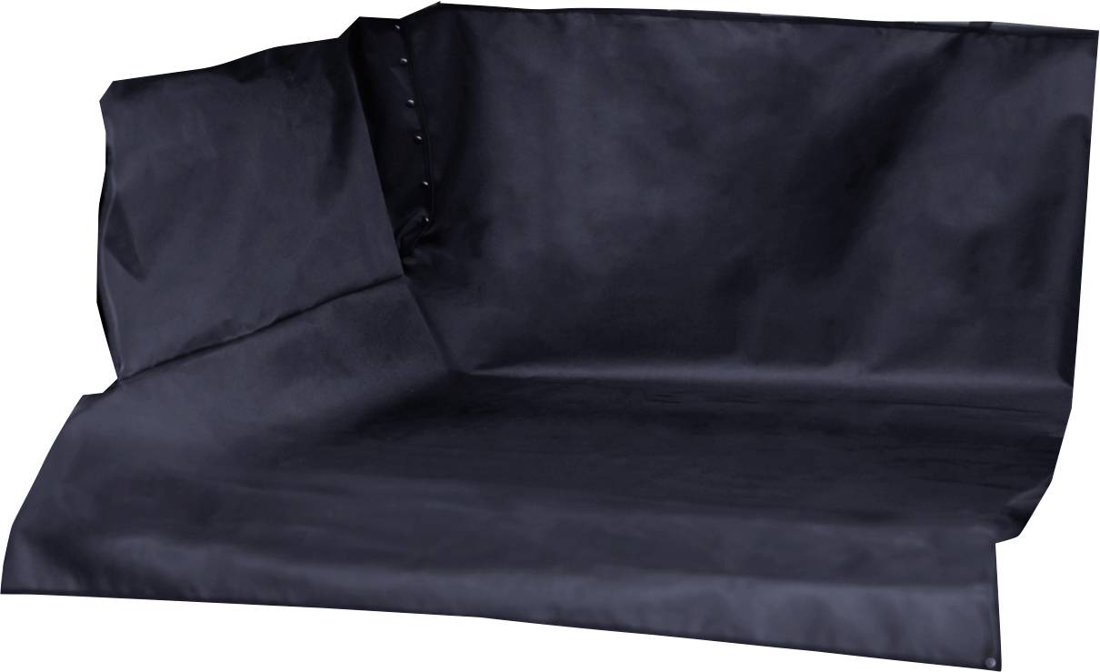 A large, unfolded black tarp spread out on a flat surface.