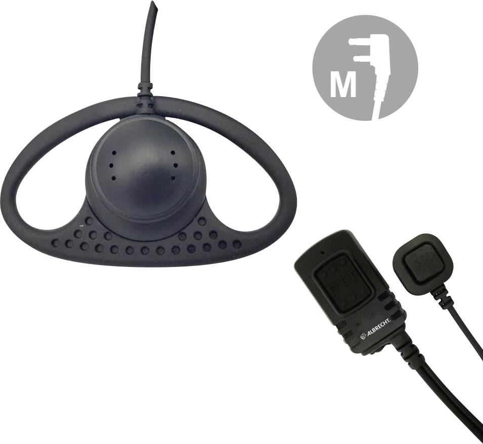 Black earpiece with microphone and clip, designed for discreet communication. Includes an M-shaped plug for connectivity.