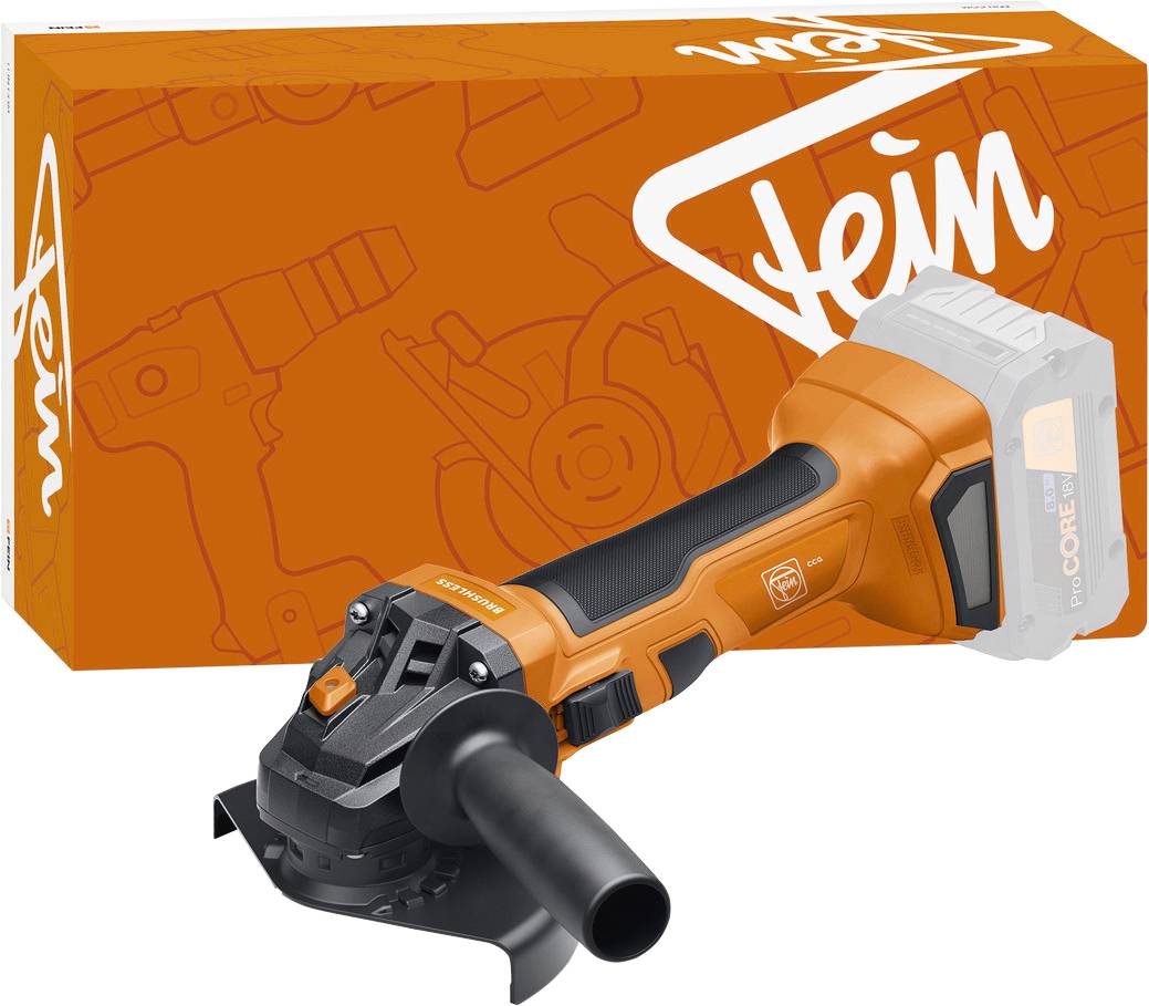 Orange power tool with a grip handle and detachable battery, placed in front of a matching orange box with a brand logo.