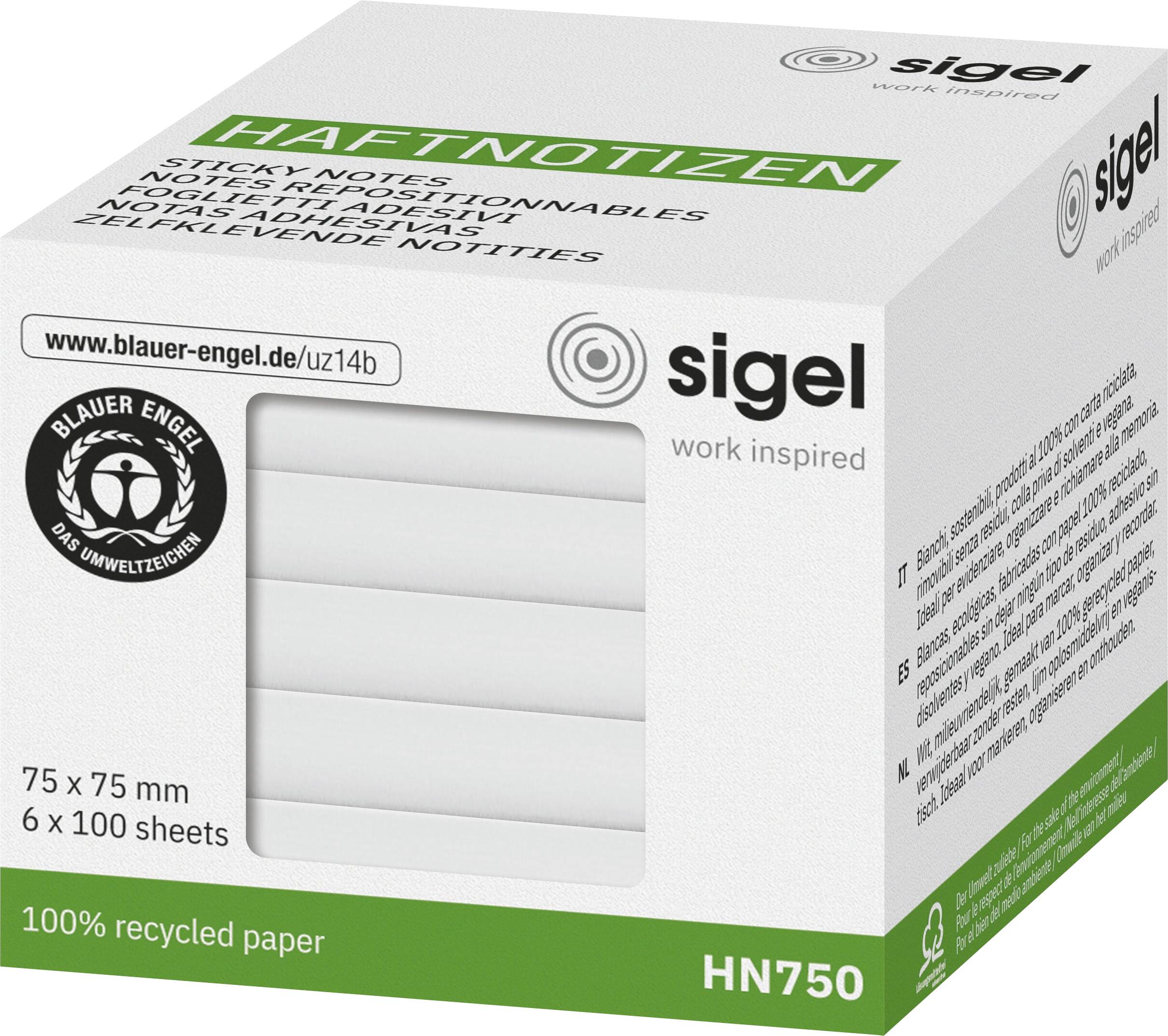 Box of Sigel 'Haftnotizen' sticky notes, 75 x 75 mm, 6 pads of 100 sheets each, made from 100% recycled paper. 'Blauer Engel' certified.