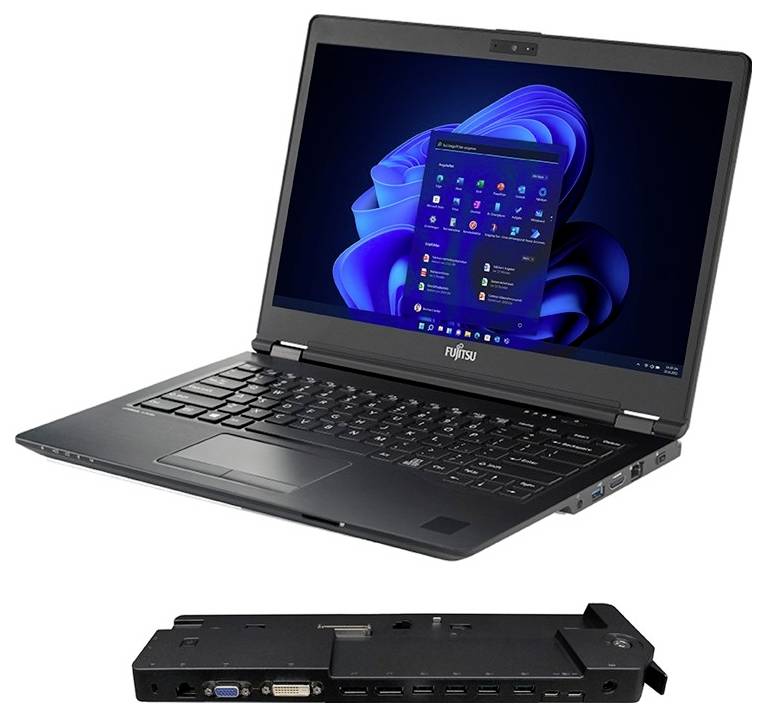 A black Fujitsu laptop with Windows interface, shown alongside a docking station accessory.