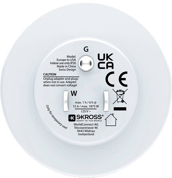'SKROSS' plug adapter back view shows electrical specifications and safety warnings; compatible with Europe to USA conversion.