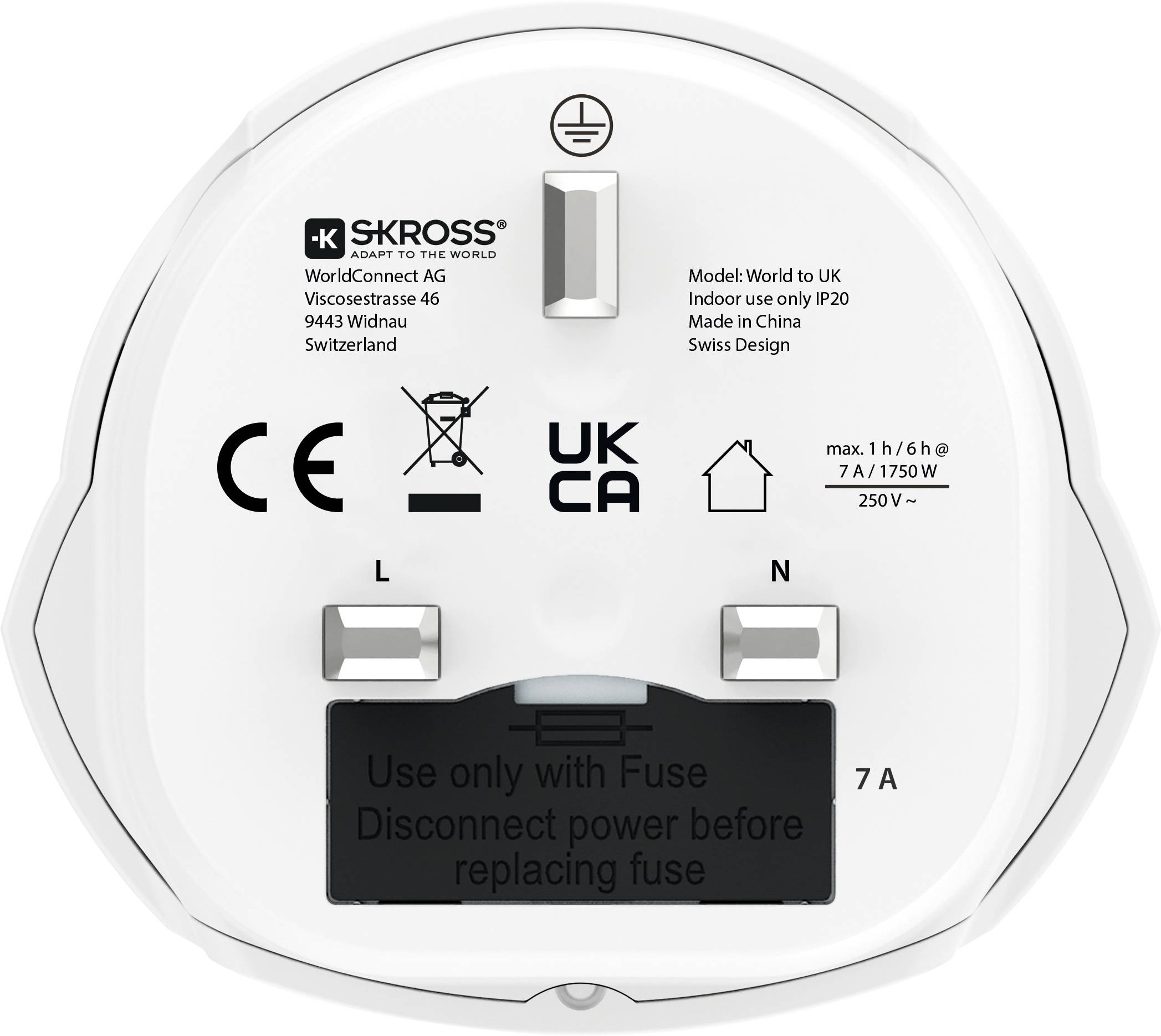 Adapter plug labeled 'World to UK,' with warnings 'Use only with Fuse' and 'Disconnect power before replacing fuse.' 7A, 250V.