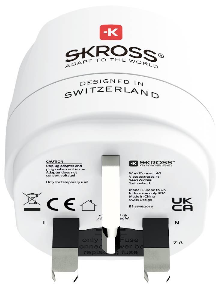 A white electrical plug adapter with Swiss design by SKROSS, labeled for use in the UK, with safety warnings and compliance logos.