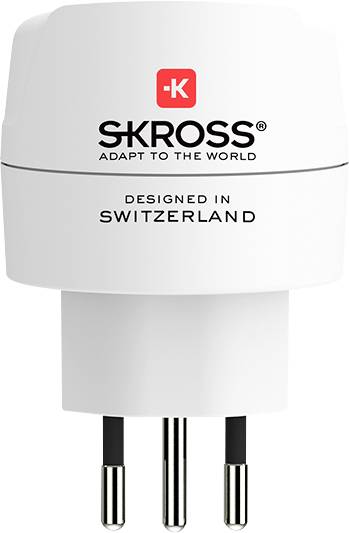 A white SKROSS travel adapter with three black prongs, labeled 'Designed in Switzerland' and 'Adapt to the World'.