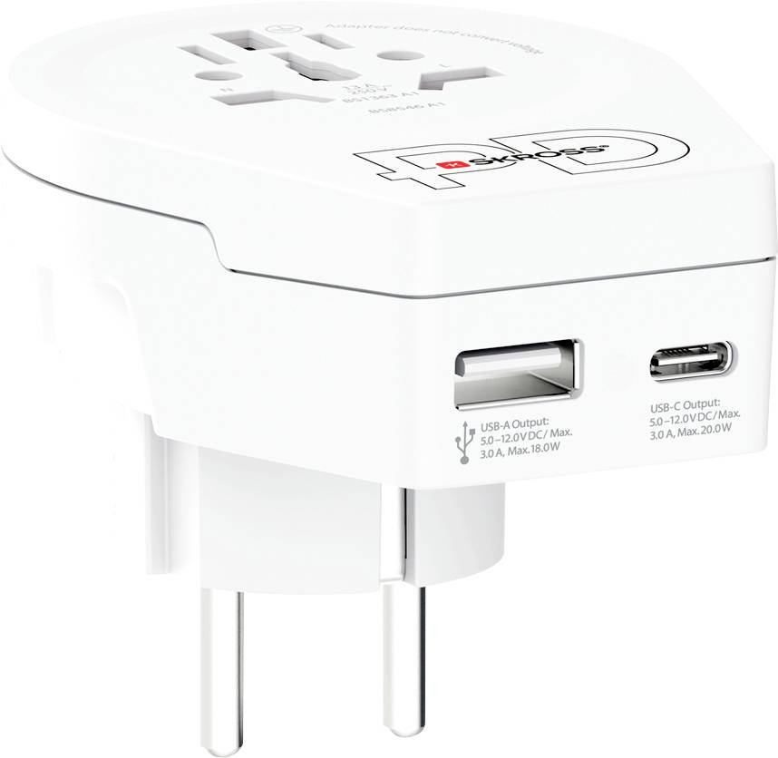 An international travel adapter with multiple plug types and USB ports, designed for use in various countries for charging devices.