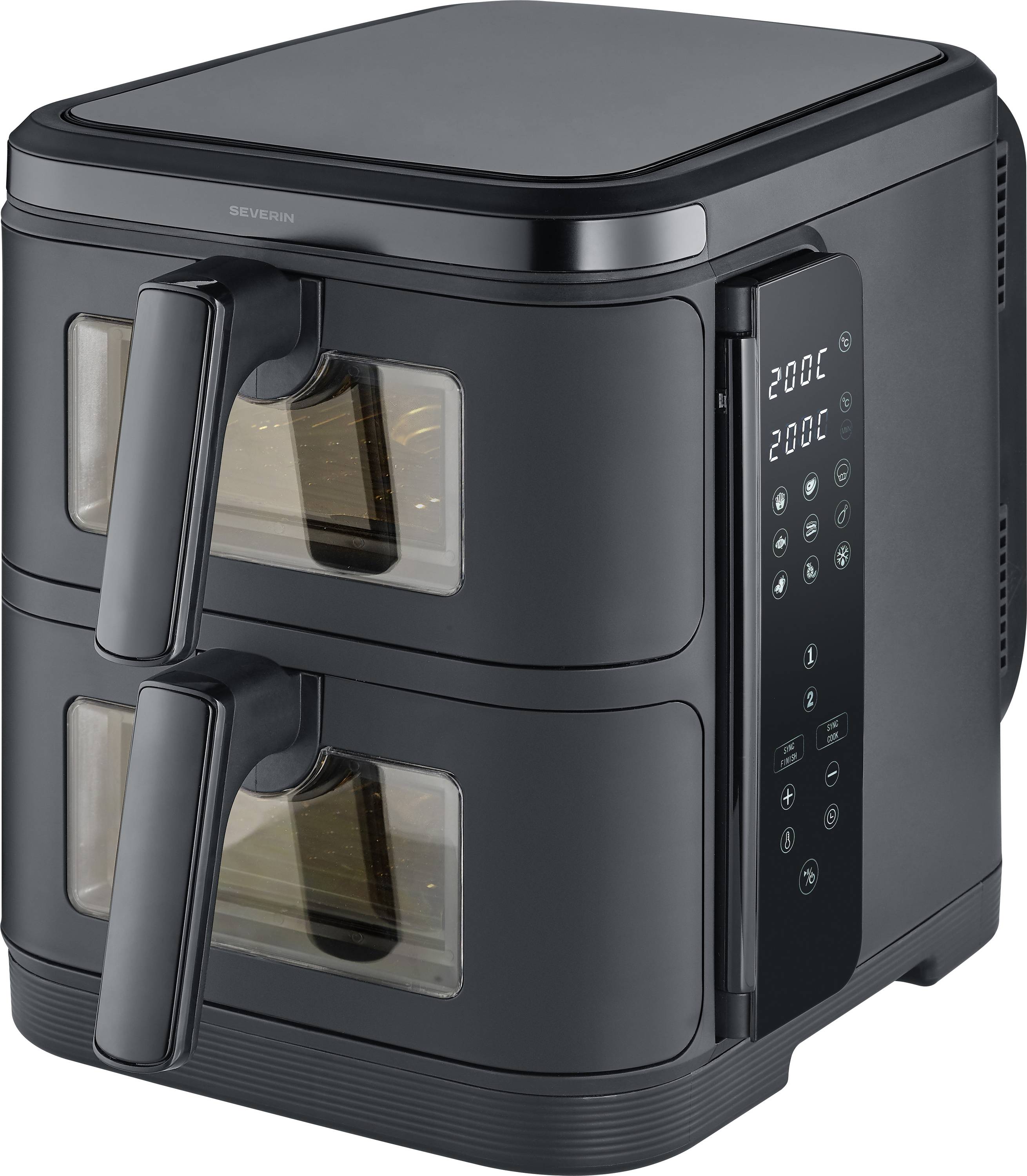 A black dual-basket air fryer with digital control panel, displaying temperatures and settings on the right side.