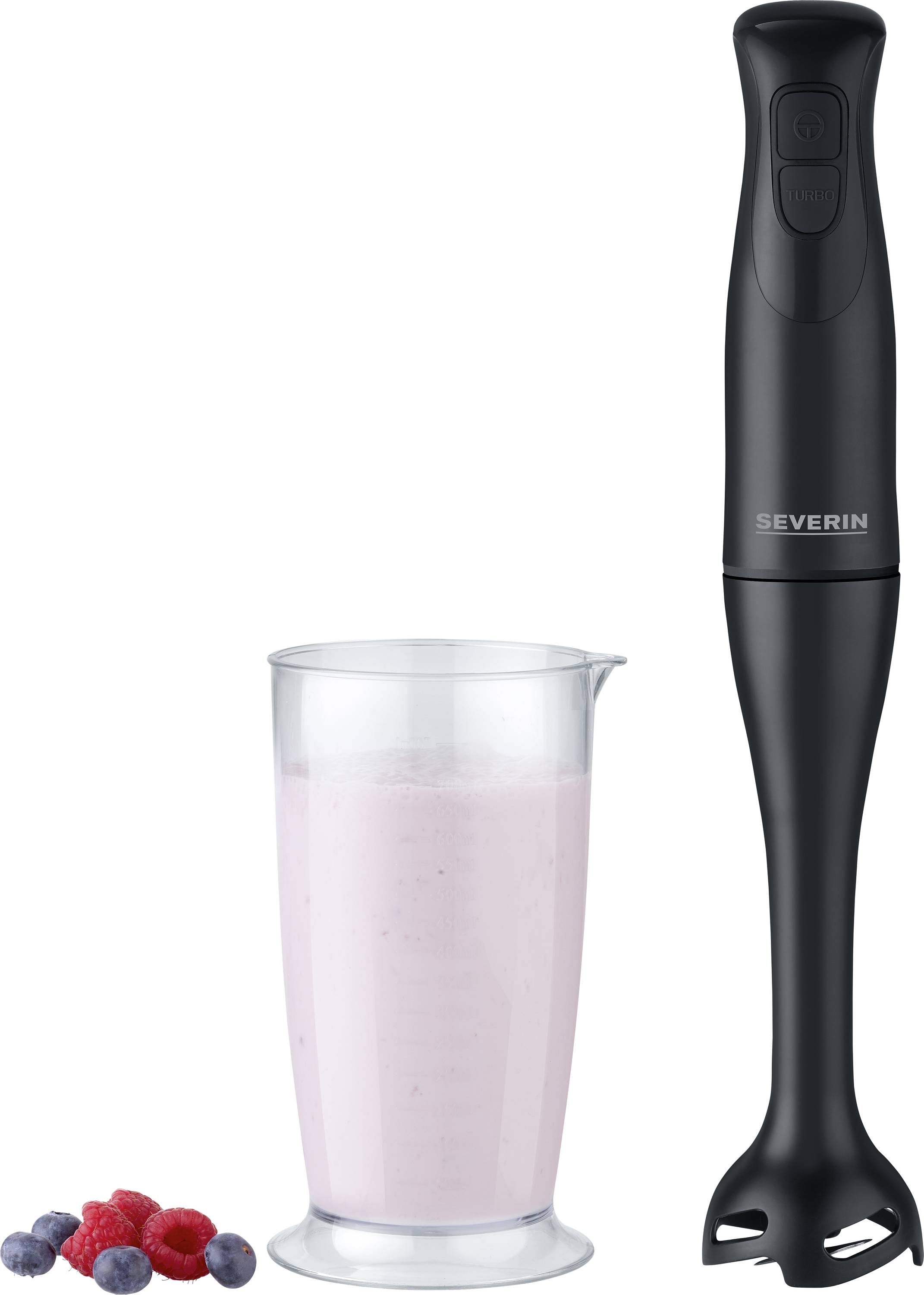 A black hand blender beside a glass of pink smoothie. Assorted berries are placed next to the glass.
