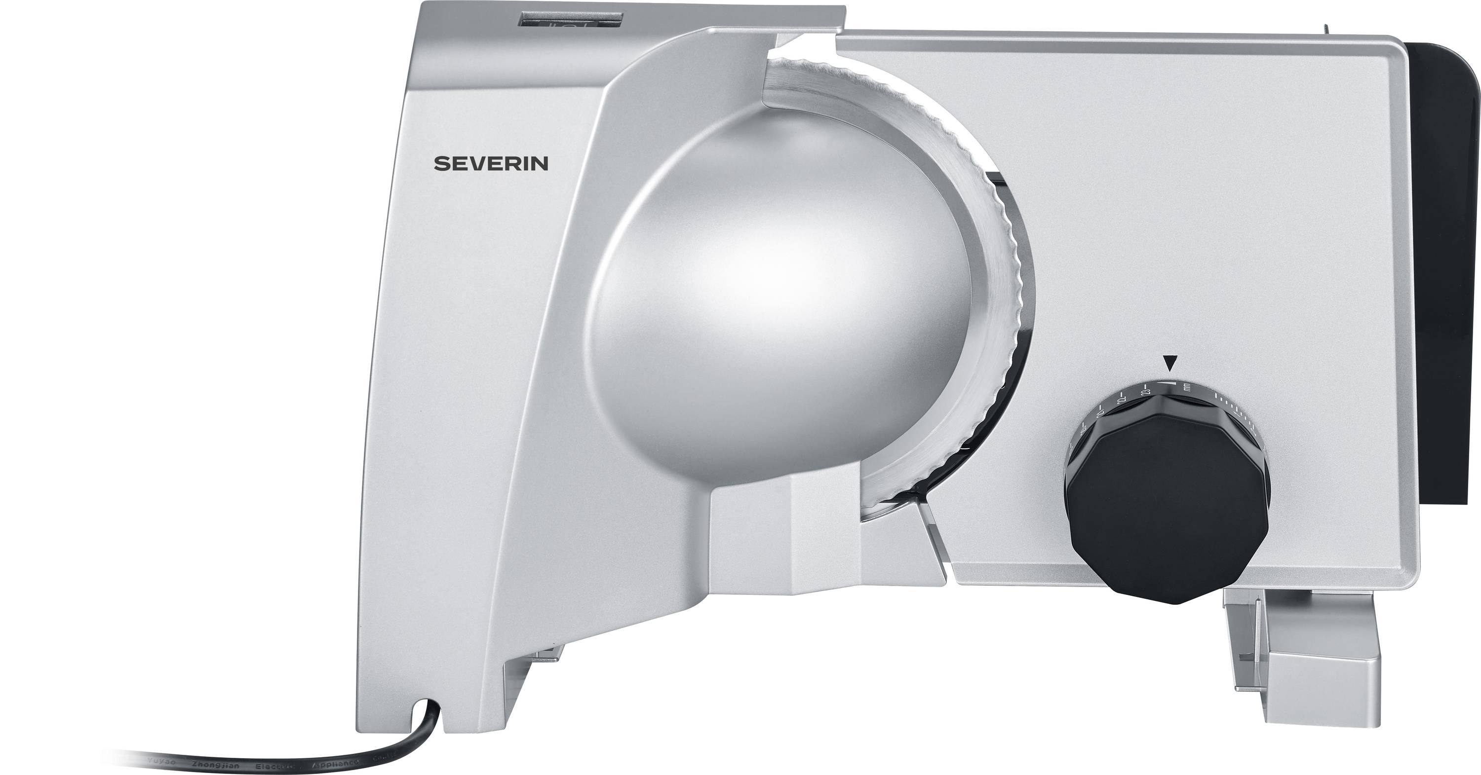 Electric meat slicer with a silver blade and black control knob on the side. The power cord extends from the base.
