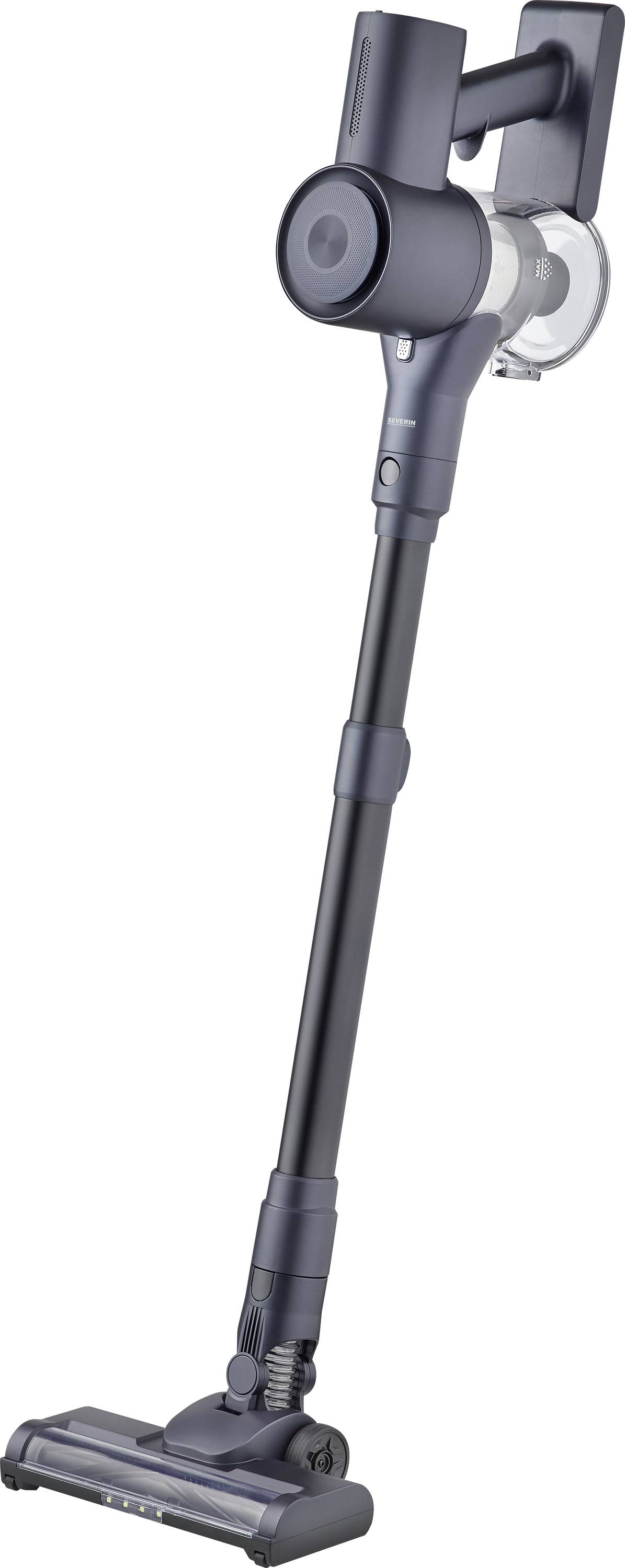 Cordless stick vacuum cleaner with a sleek design, featuring a long handle and motorized brush head for versatile cleaning.