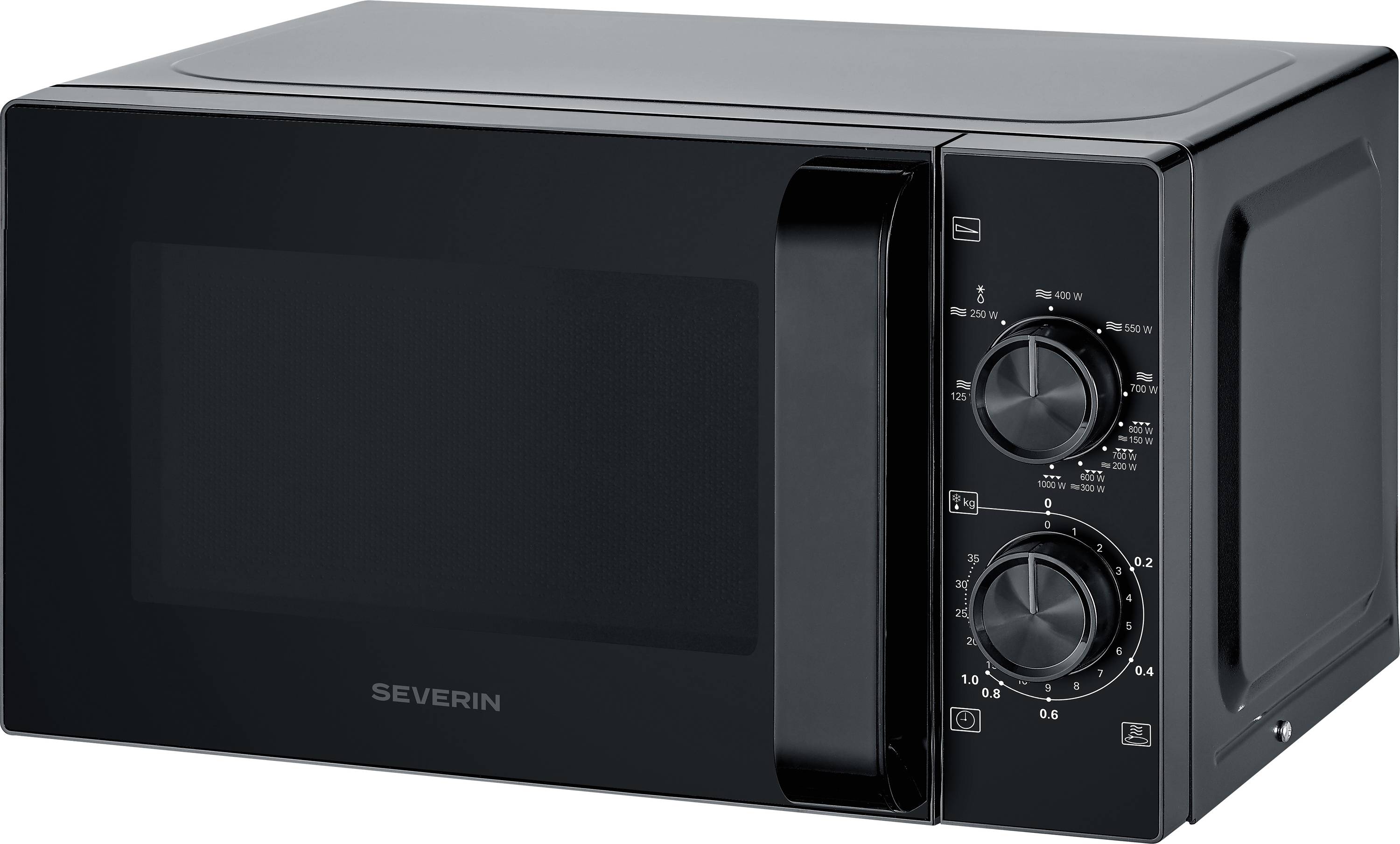 A black microwave oven with manual controls, featuring two dials for time and power settings.