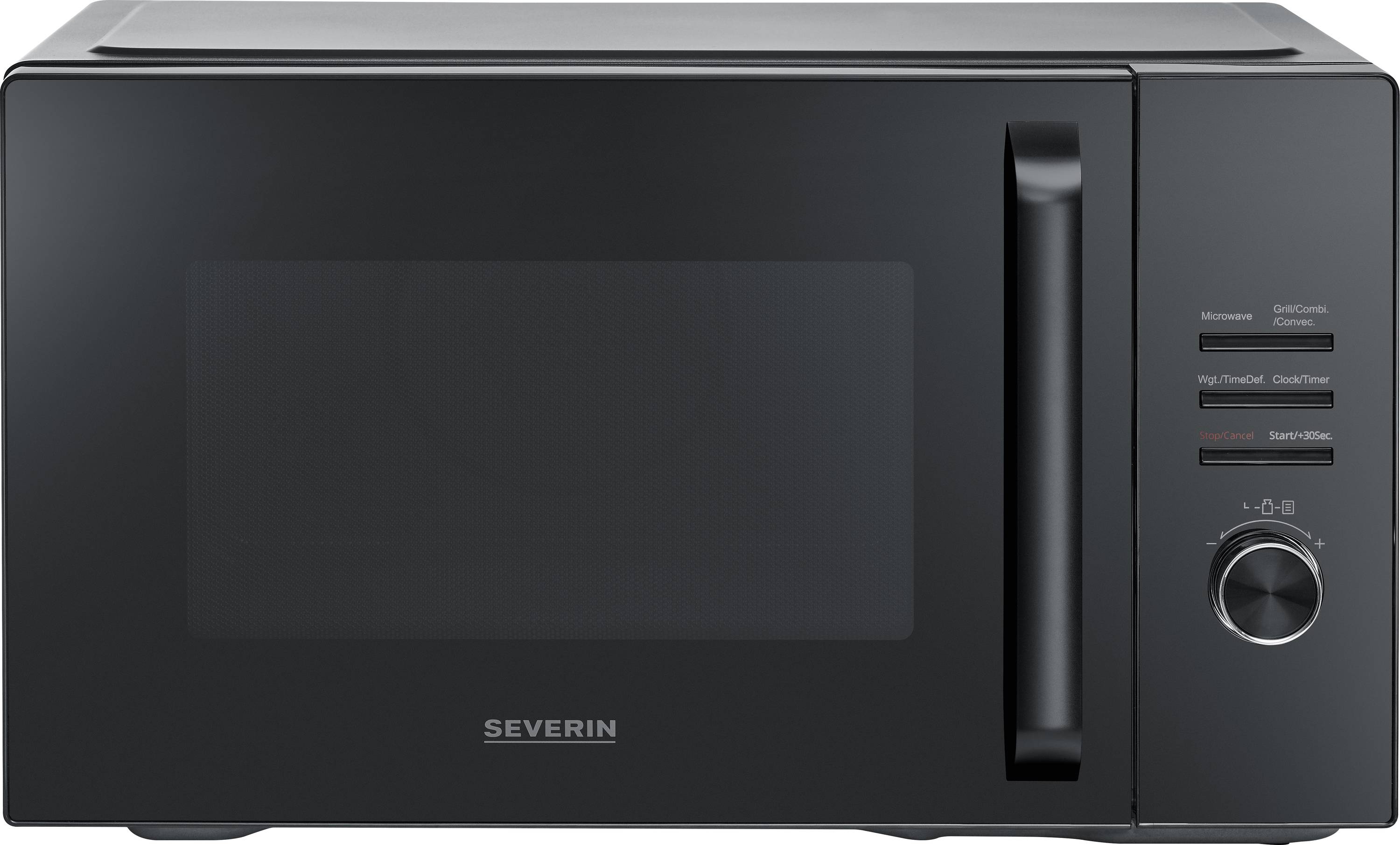 A black microwave oven with a side handle, digital display, and control knobs on the right side.