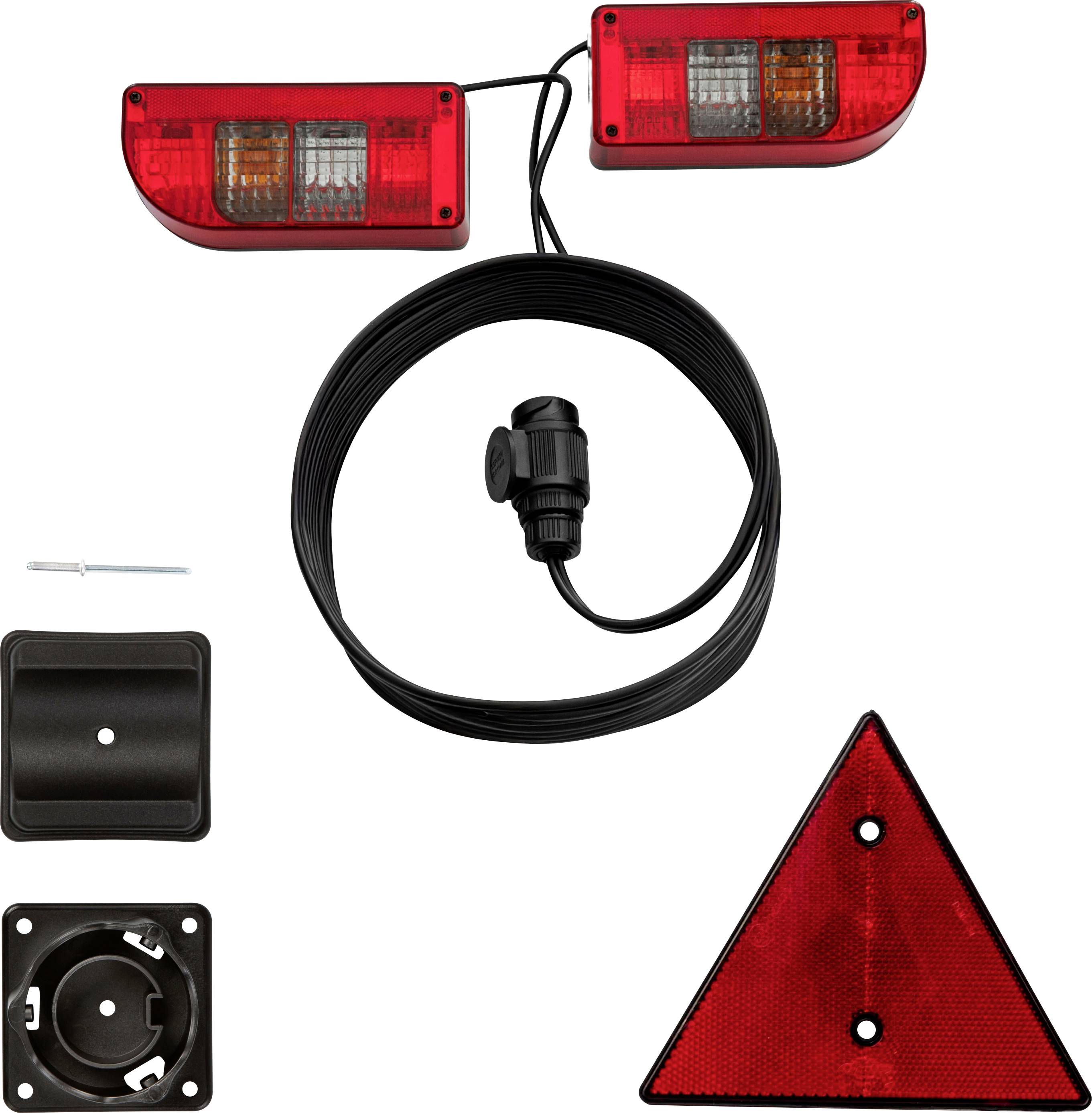 Tail light kit with two red lights, wiring, mounting hardware, and reflective triangle for trailers or vehicles.