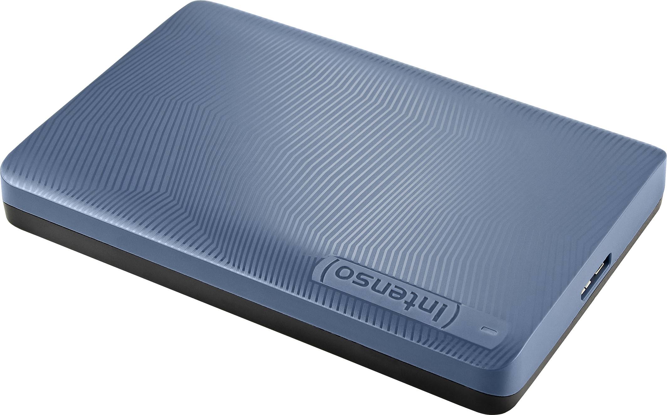 A blue portable external hard drive with the brand name 'Intenso' on its top surface, featuring a sleek, textured design.