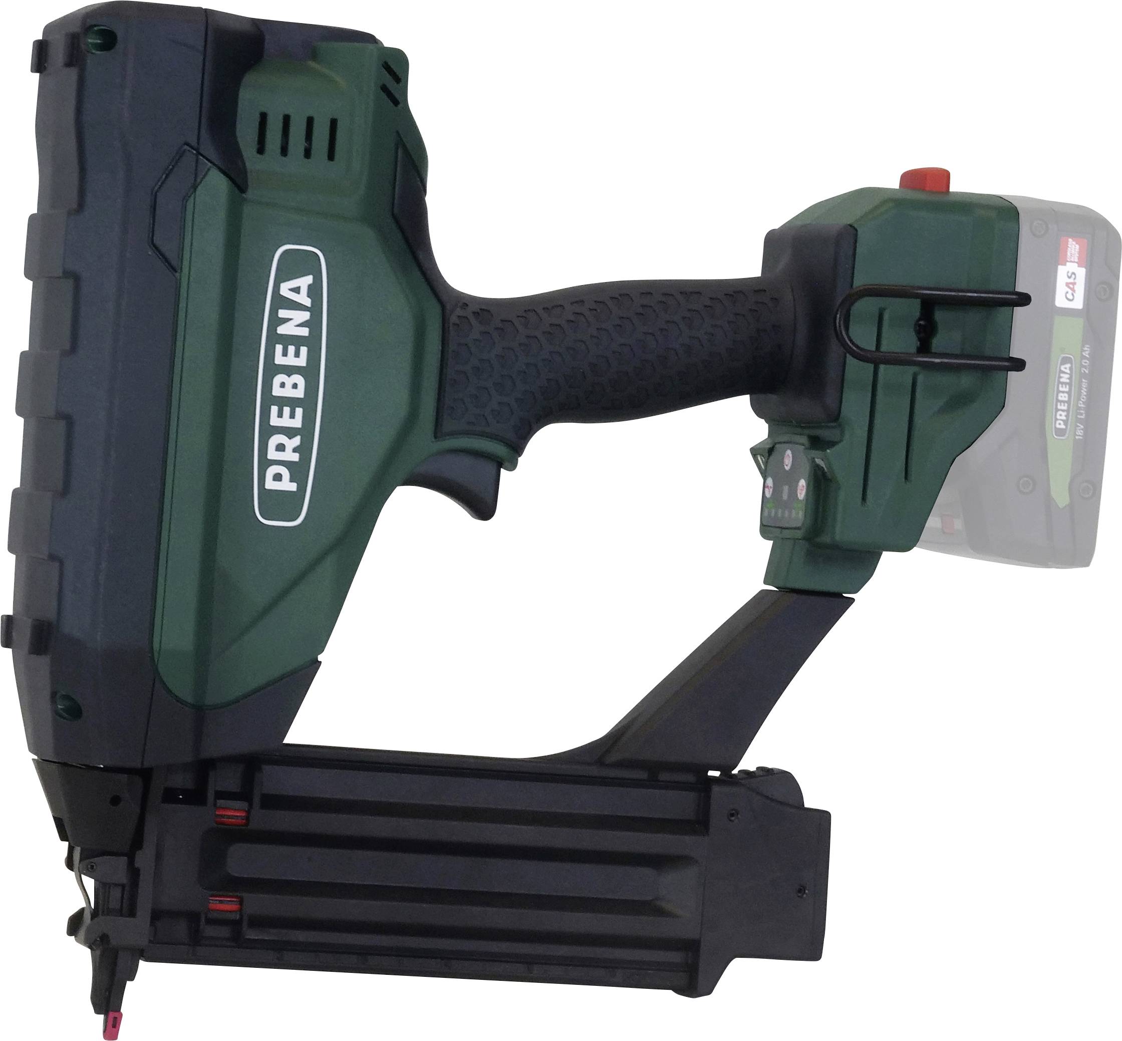 A battery-operated nail gun with an ergonomic handle, labeled 'PREBENA,' used for fastening materials efficiently without a power cord.