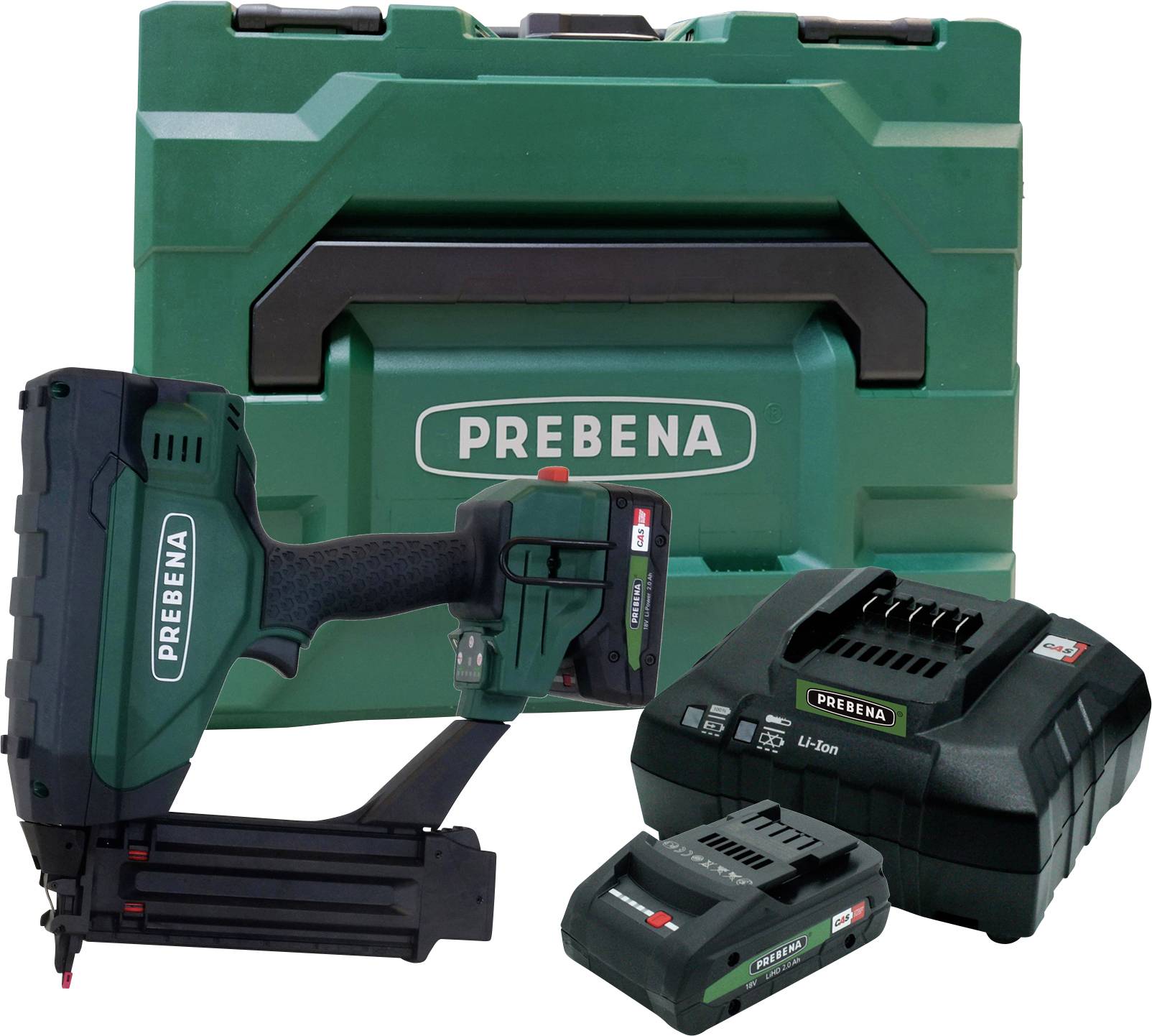 Nailer set with green carrying case, battery, and charger marked 'PREBENA'. Suitable for construction or carpentry tasks.